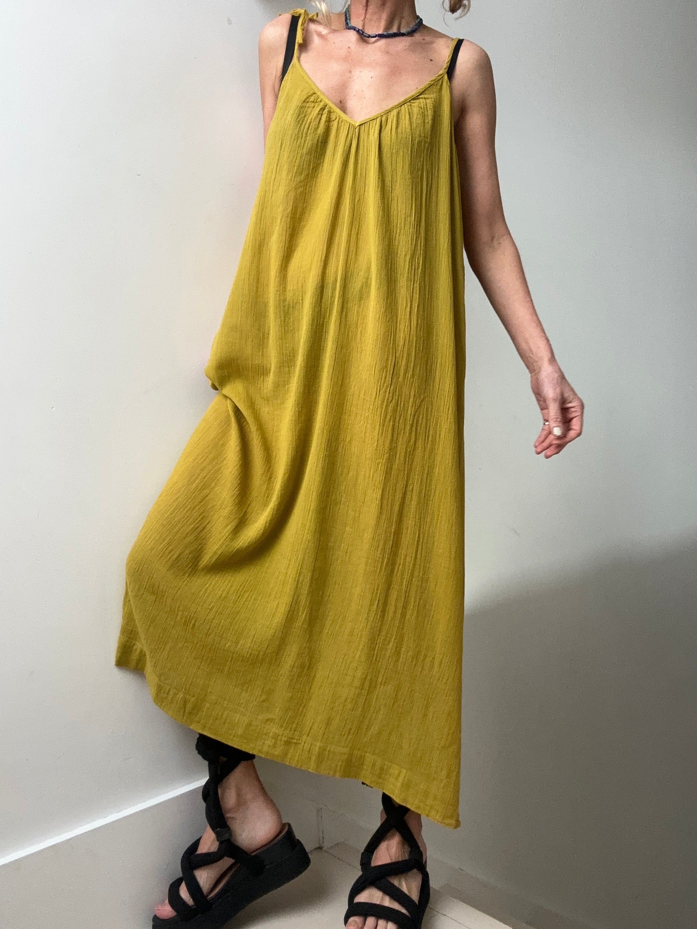 Jetsetbohemian Dresses One Size Tie Strap Cotton Dress in Mustard