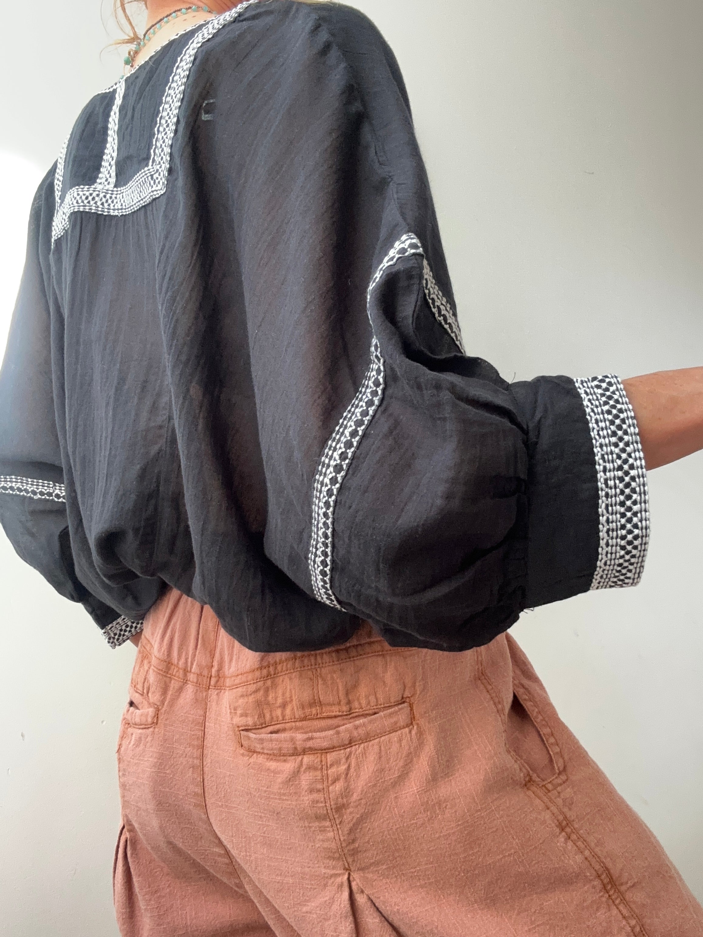 Jetsetbohemian Tops One Size Cotton Bib Blouse in Black