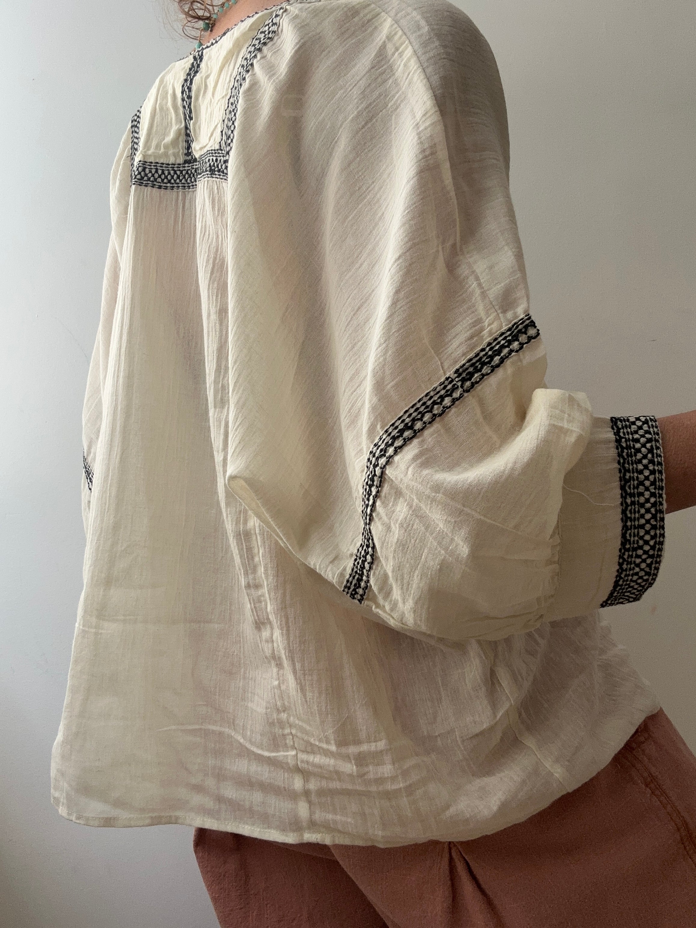 Jetsetbohemian Tops One Size Cotton Bib Blouse in Natural