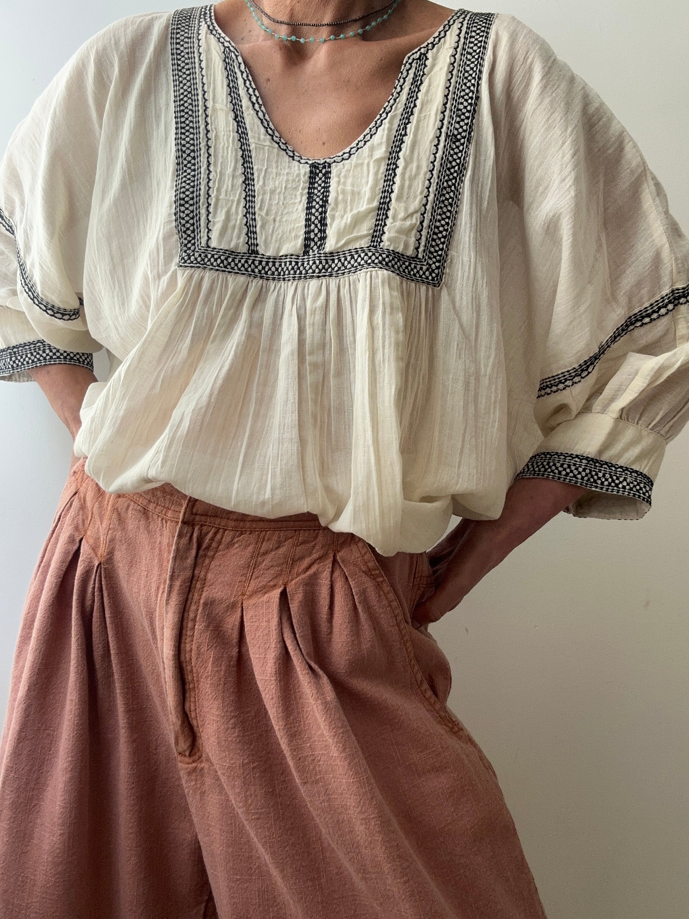 Jetsetbohemian Tops One Size Cotton Bib Blouse in Natural