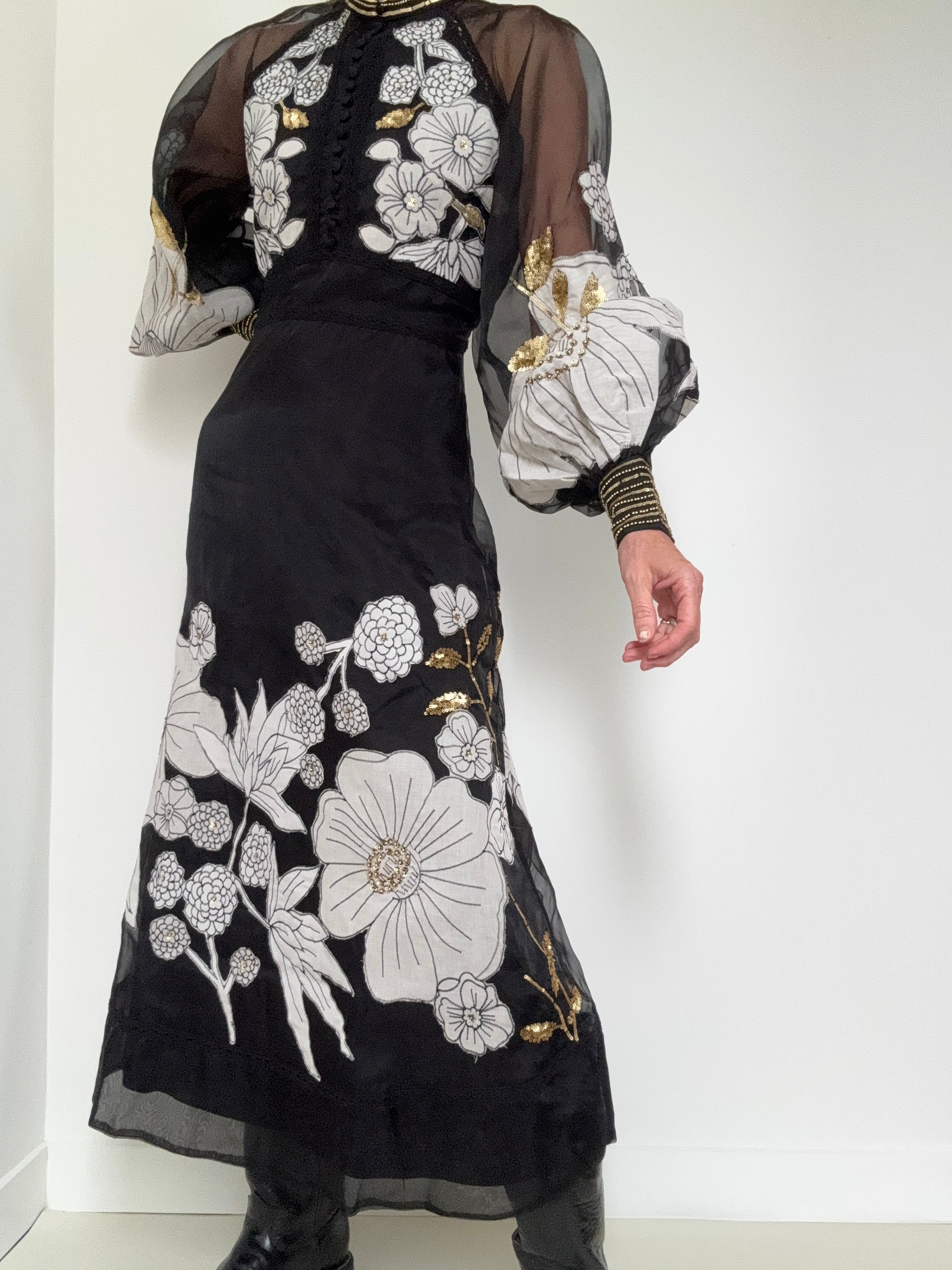 Organdie Applique Midi Dress Black | Dresses