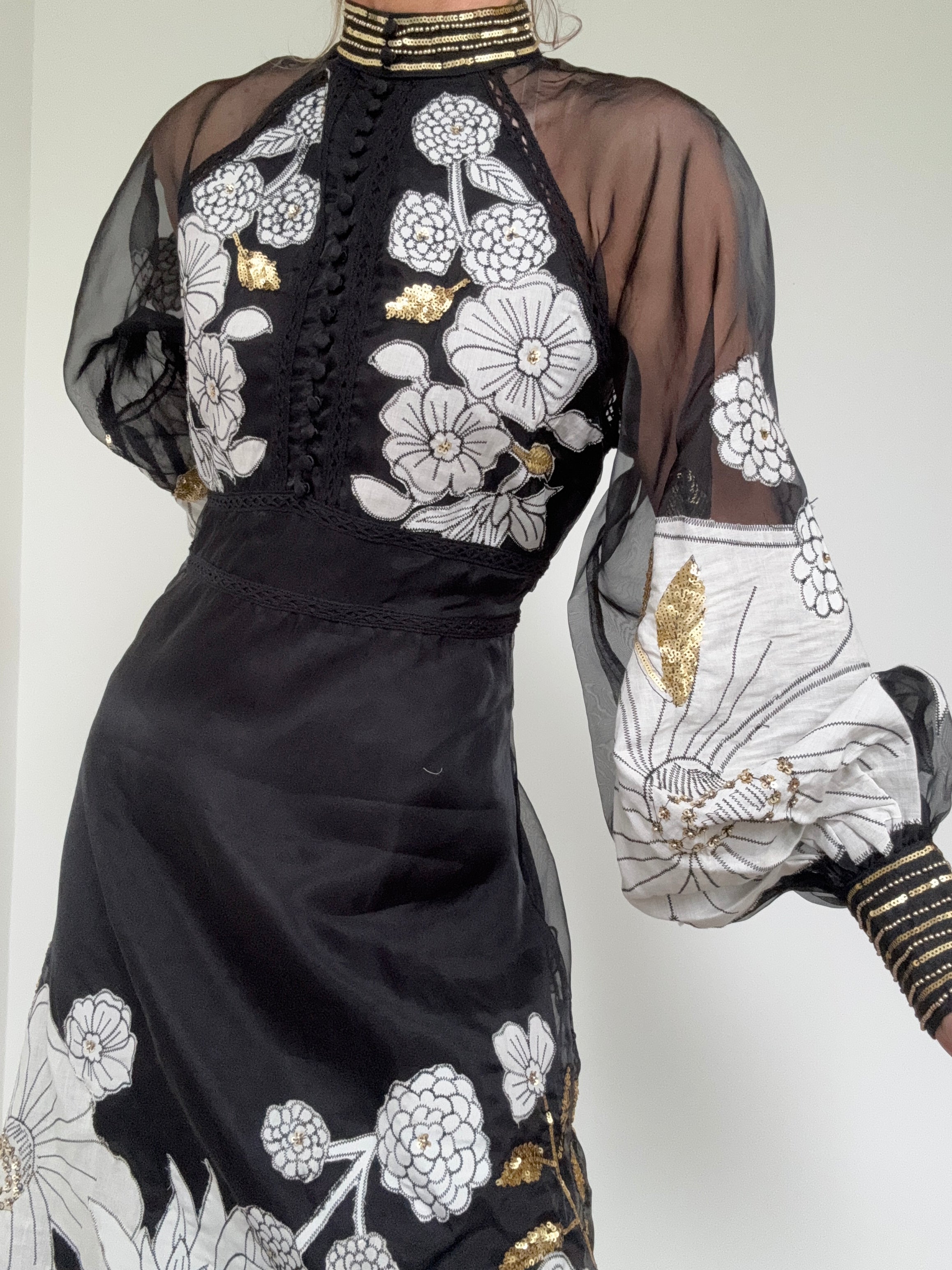 Organdie Applique Midi Dress Black | Dresses