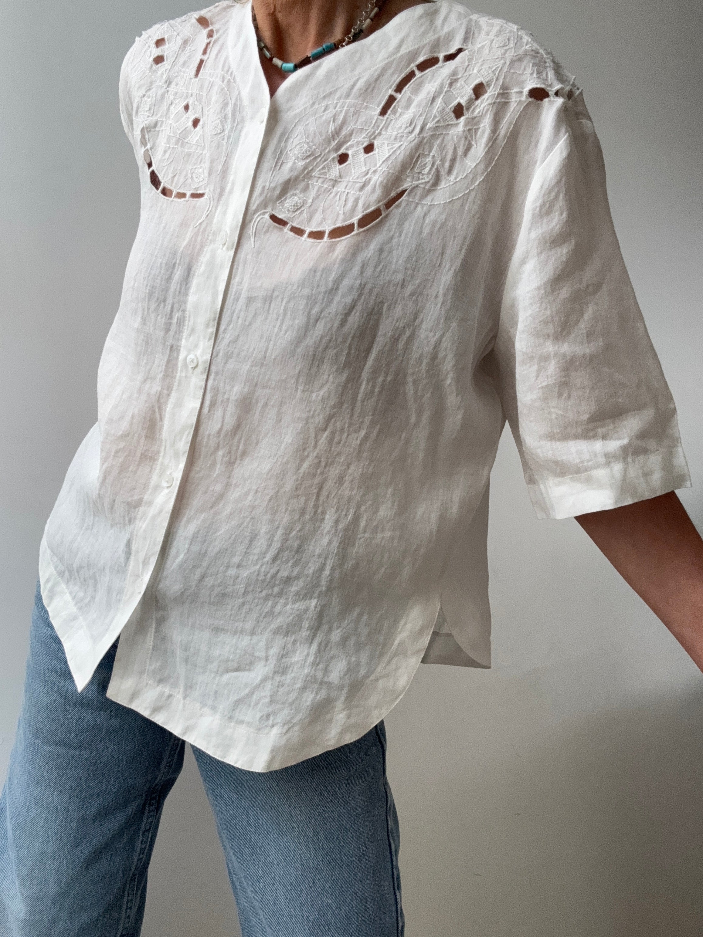 Les Coyotes Des Paris Tops Medium-Large Linen Collarless Shirt