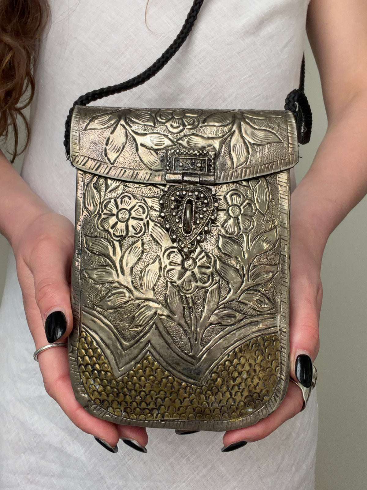 Ornate Brass Floral Crossbody Bag