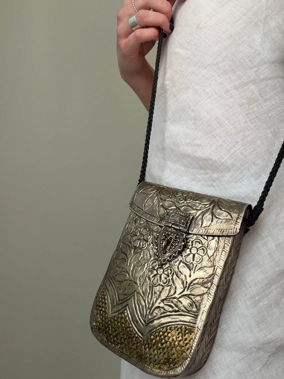 Ornate Brass Floral Crossbody Bag