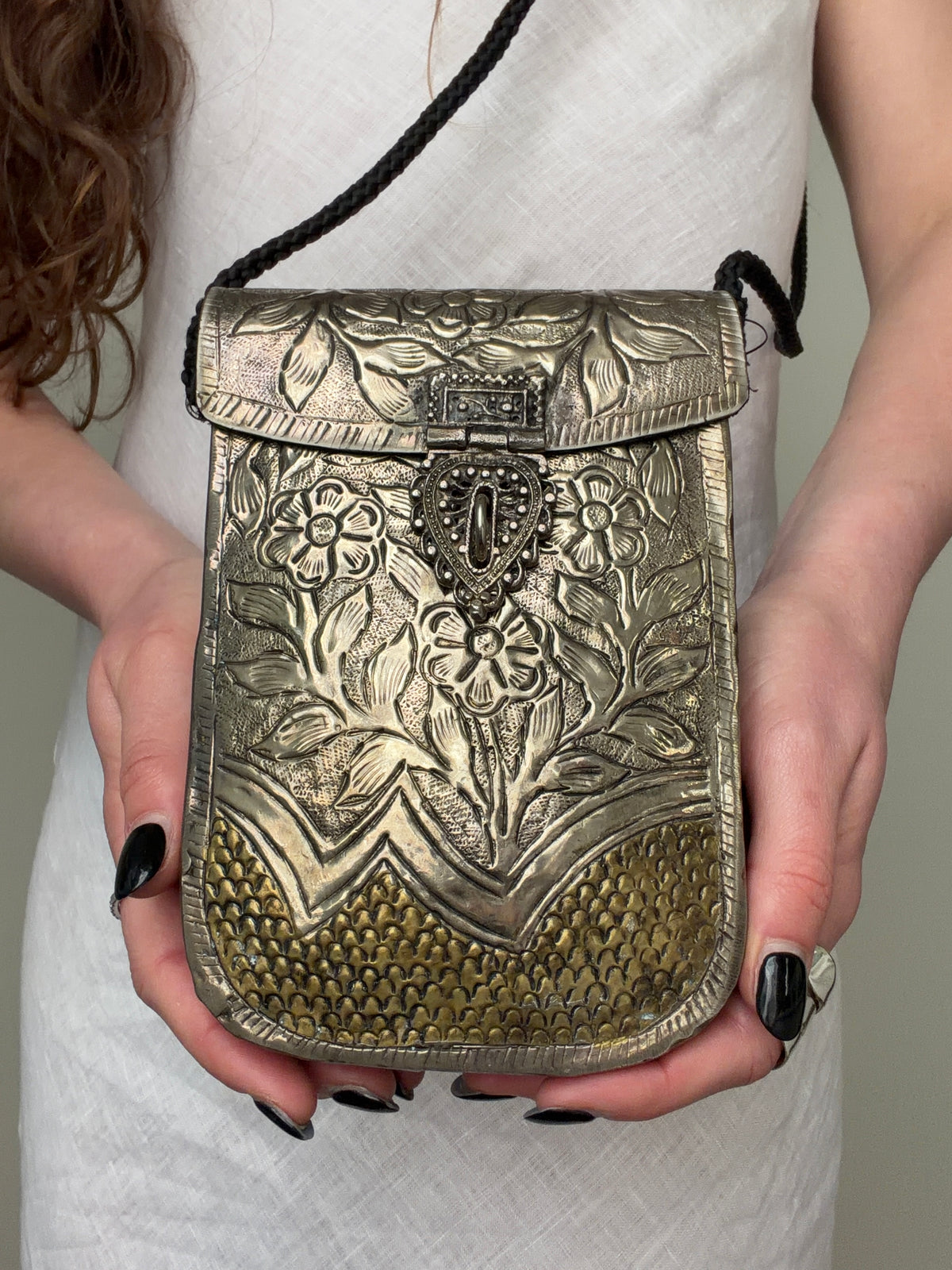 Ornate Brass Floral Crossbody Bag