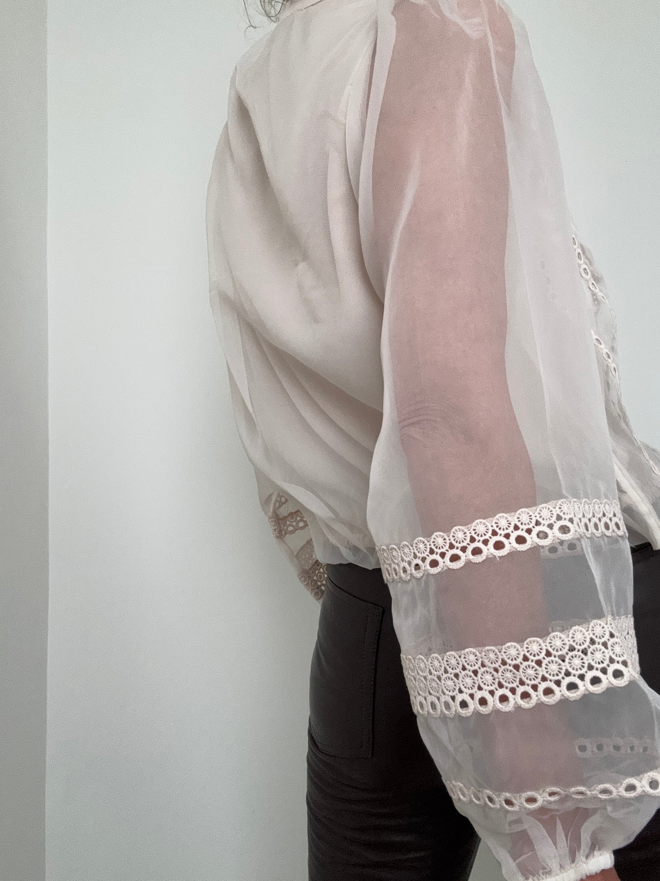 Sheer Trim Detail Long Sleeve Blouse | Tops