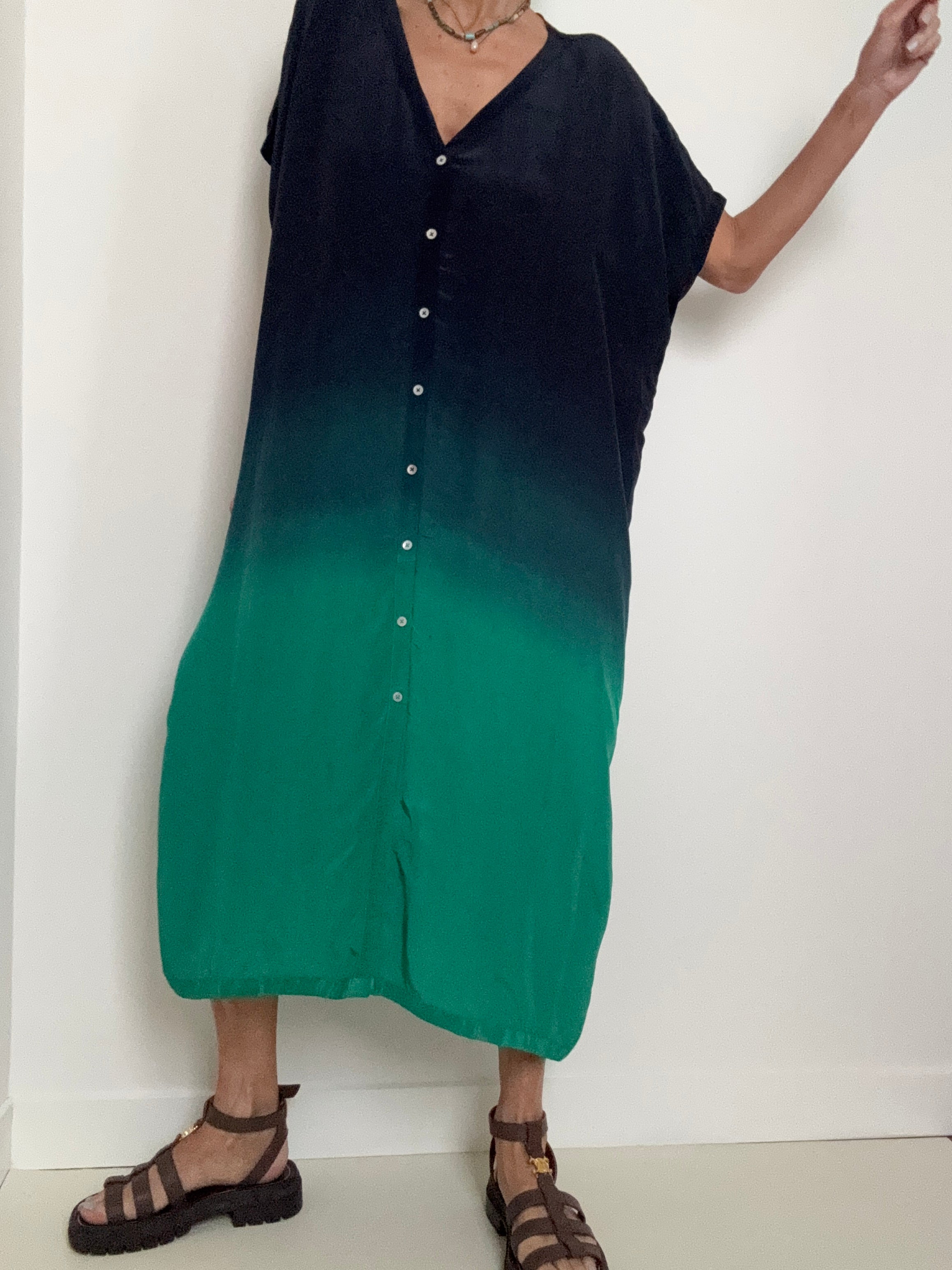 Nous Antwerp Dresses Sam Kaftan Dress Ombre Blue Green