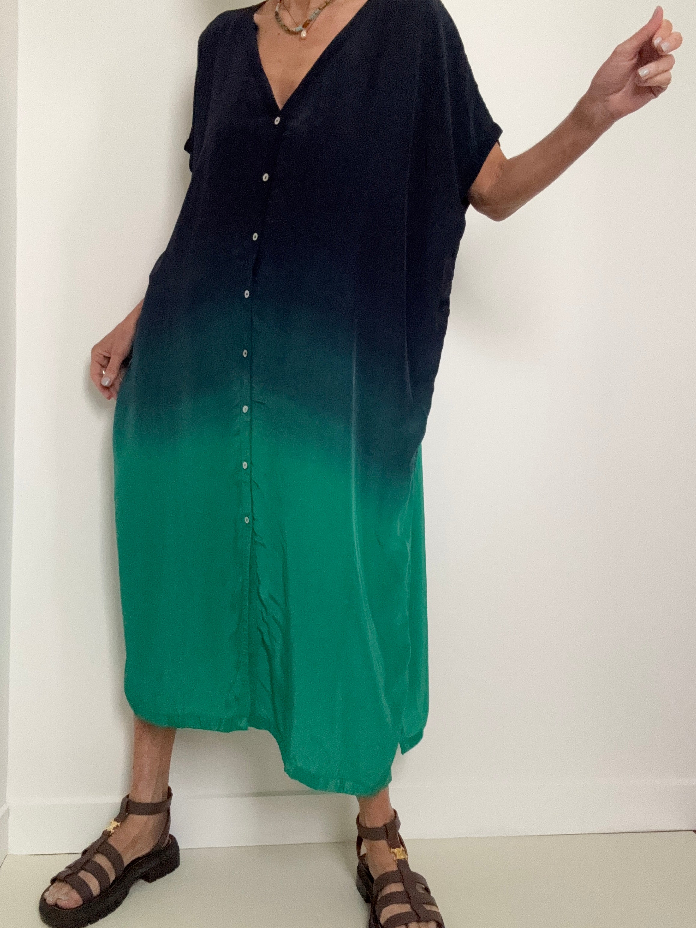Nous Antwerp Dresses Sam Kaftan Dress Ombre Blue Green