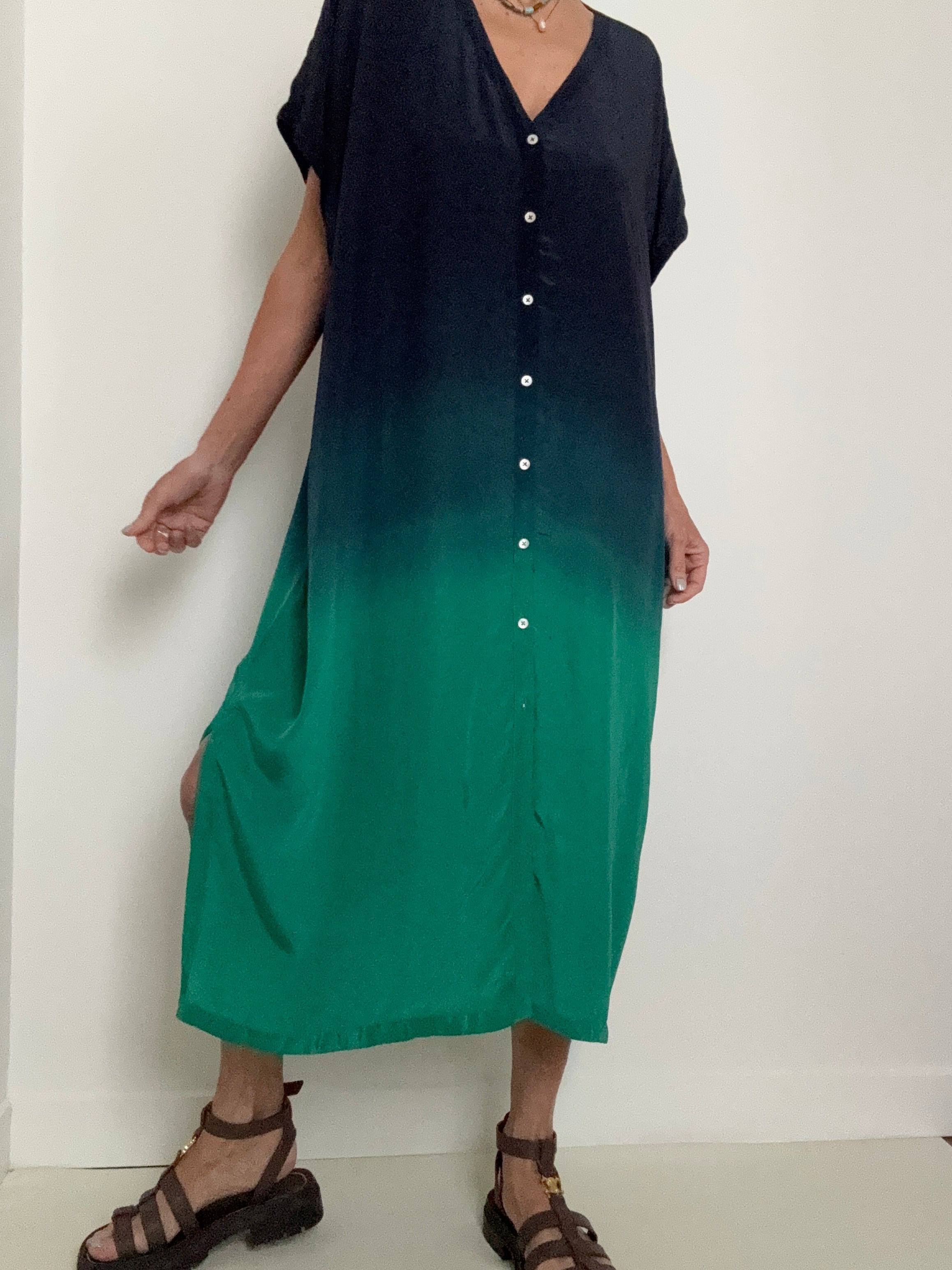 Nous Antwerp Dresses Sam Kaftan Dress Ombre Blue Green