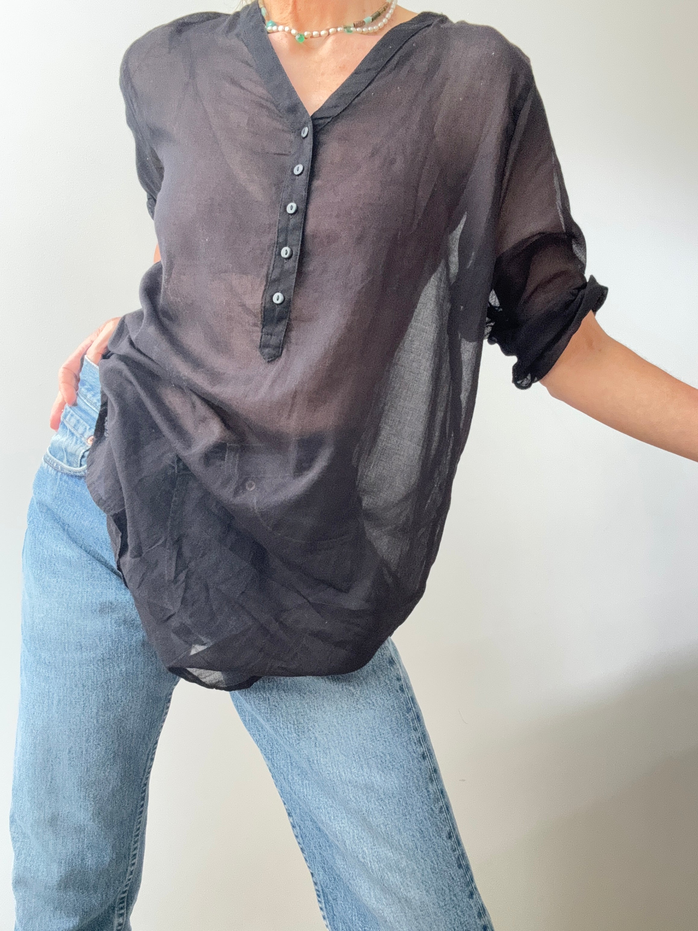 Cotton Voile Shirt Black | Tops