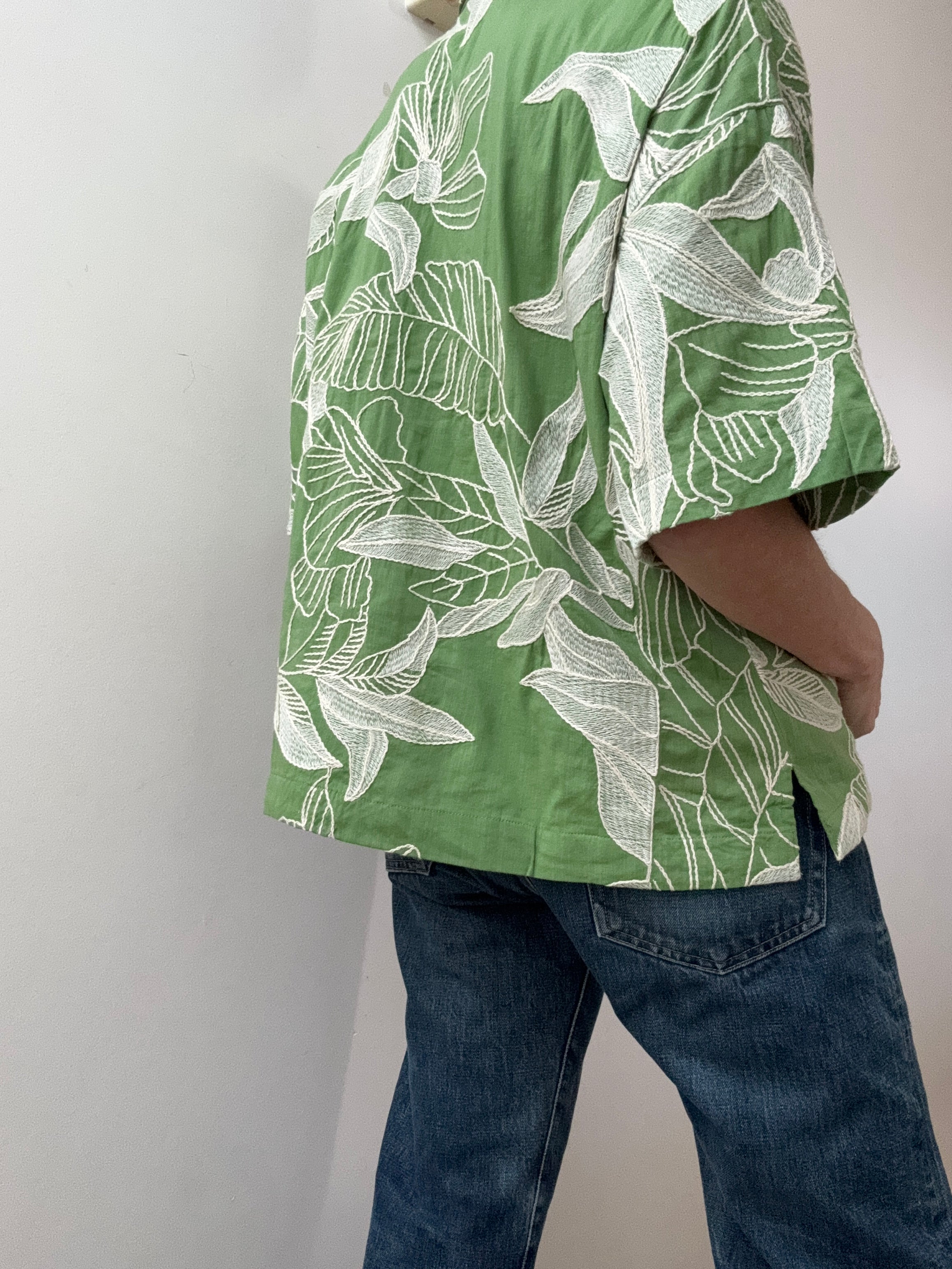 Oysho Shirts Leaf Embroidered Cotton Shirt Green