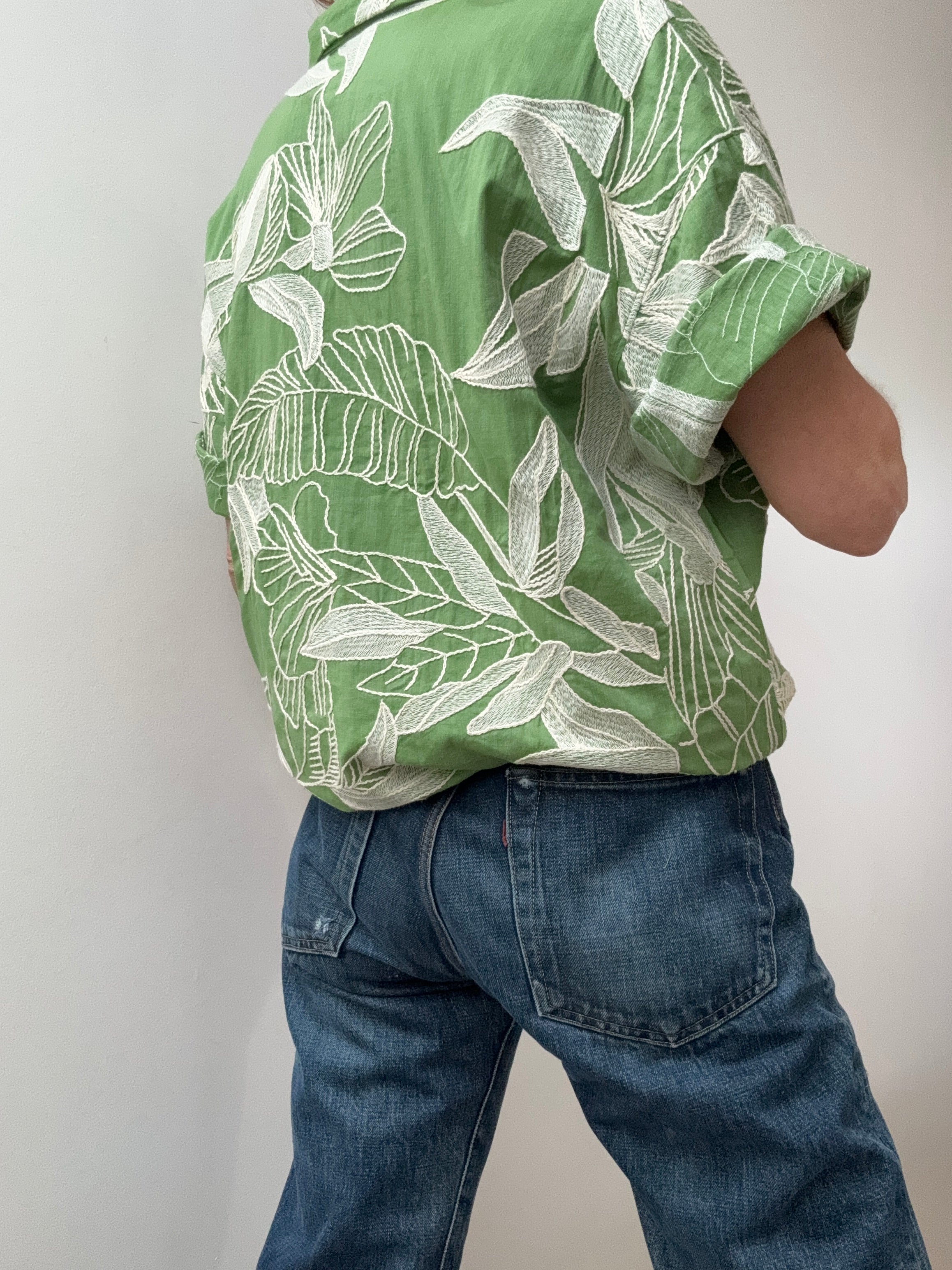 Oysho Shirts Leaf Embroidered Cotton Shirt Green