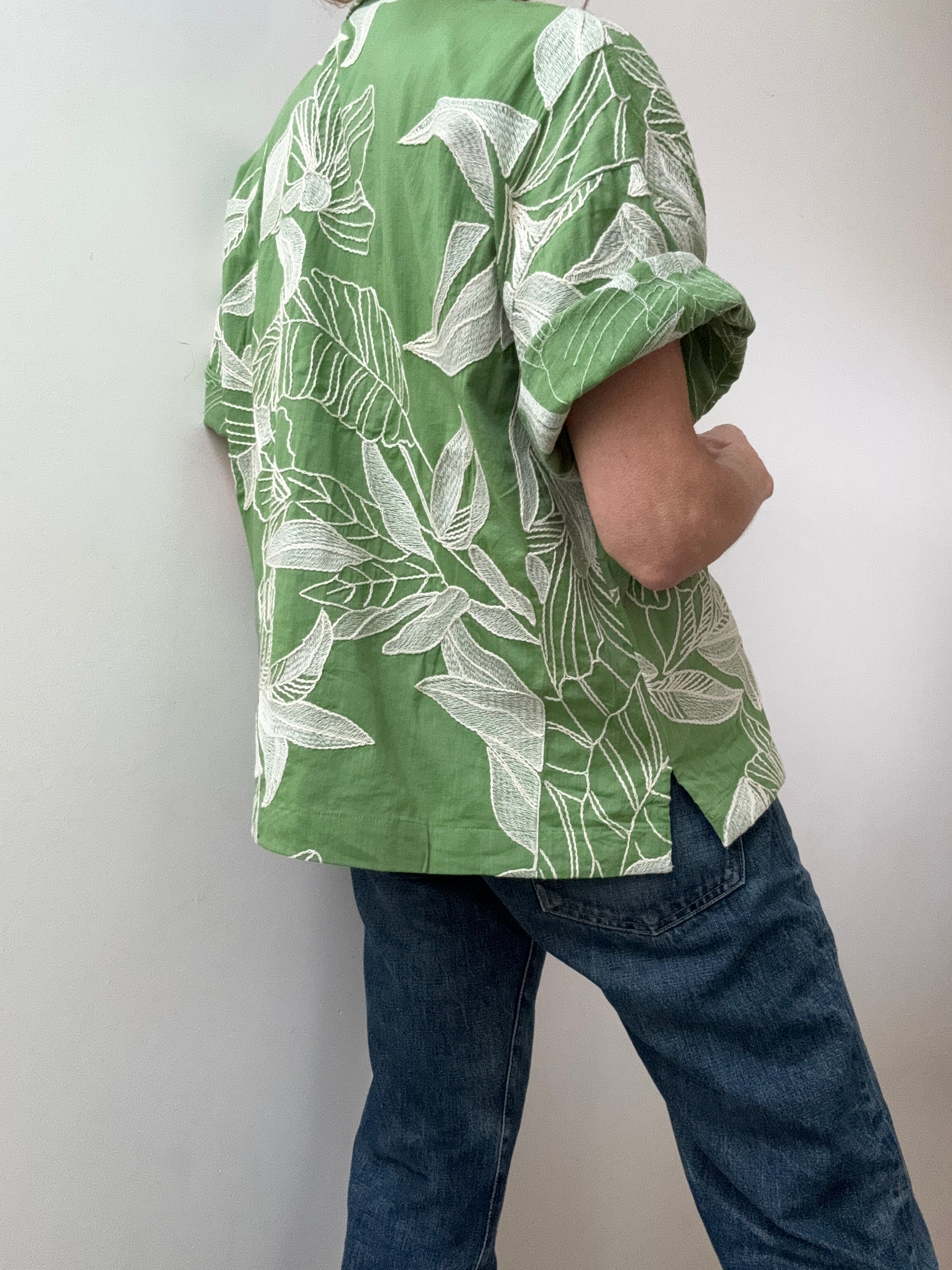 Oysho Shirts Leaf Embroidered Cotton Shirt Green