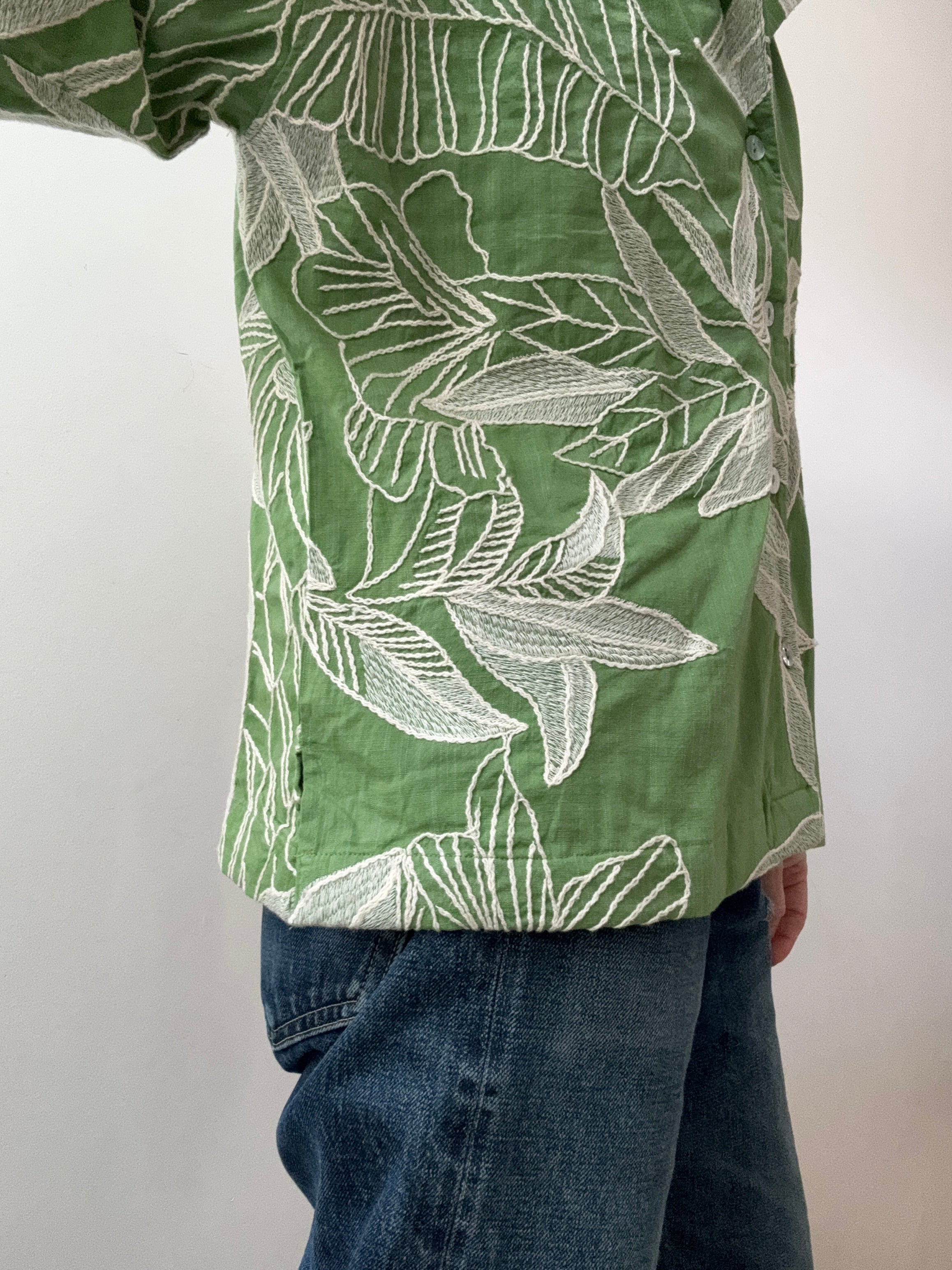 Oysho Shirts Leaf Embroidered Cotton Shirt Green