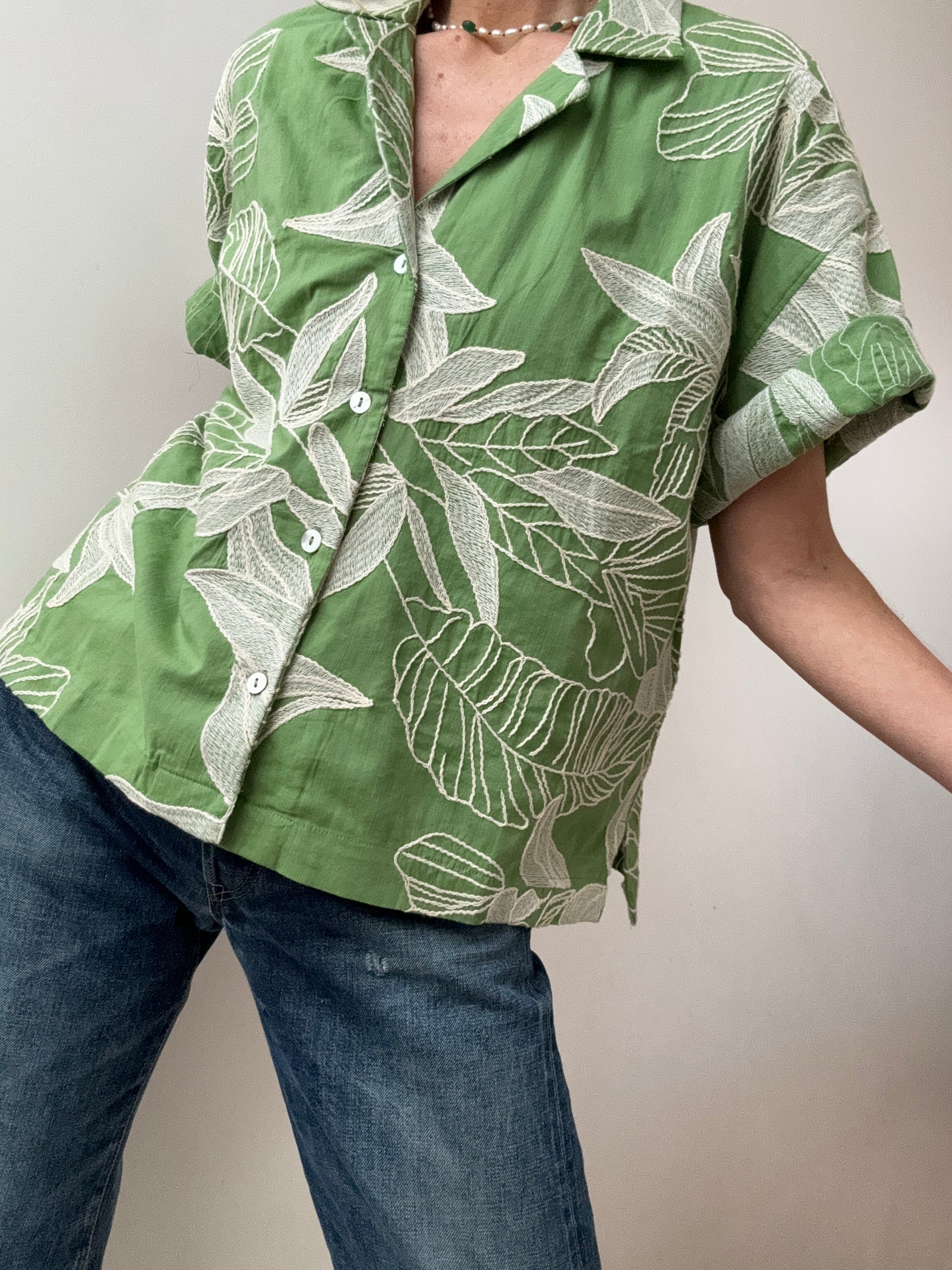 Oysho Shirts Leaf Embroidered Cotton Shirt Green