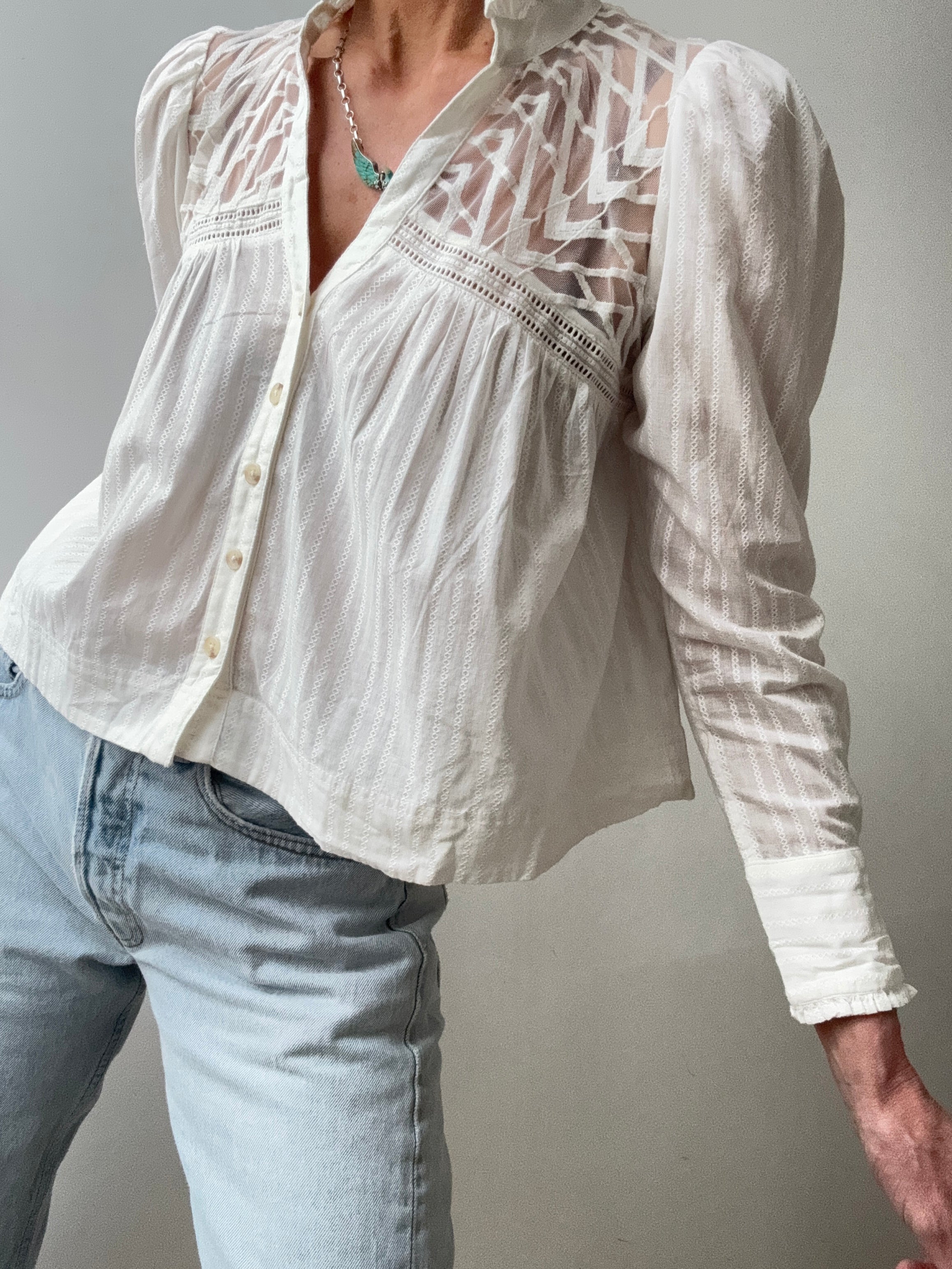 Cotton Mesh Embroidered Blouse | Blouses