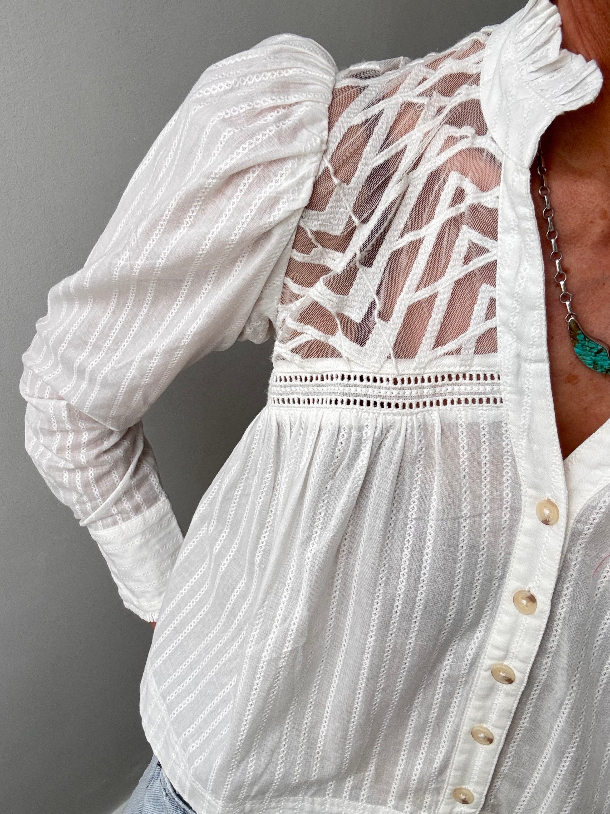 Cotton Mesh Embroidered Blouse | Blouses