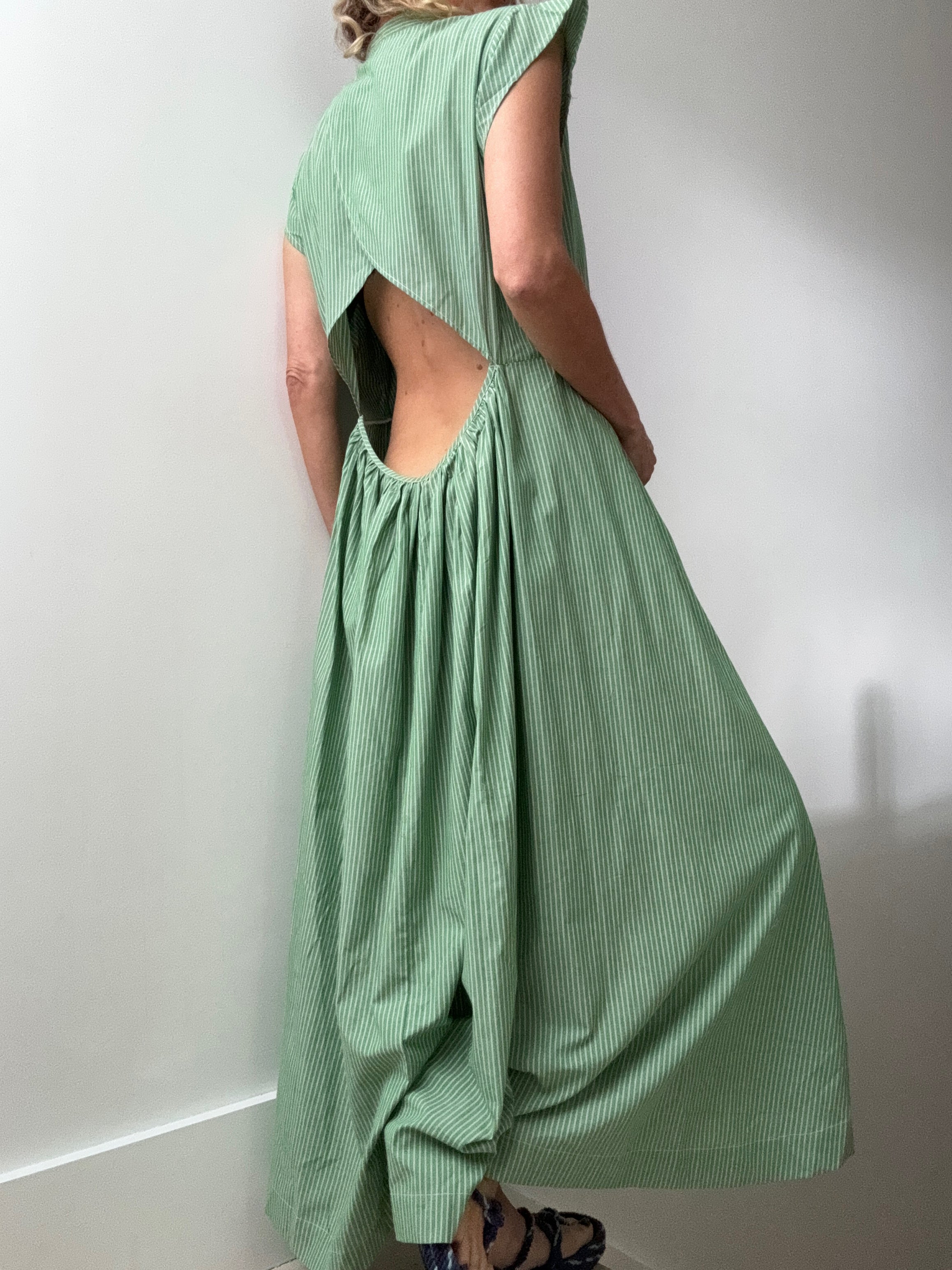 Rabens Saloner Dresses Green Striped Backless Maxi Dress