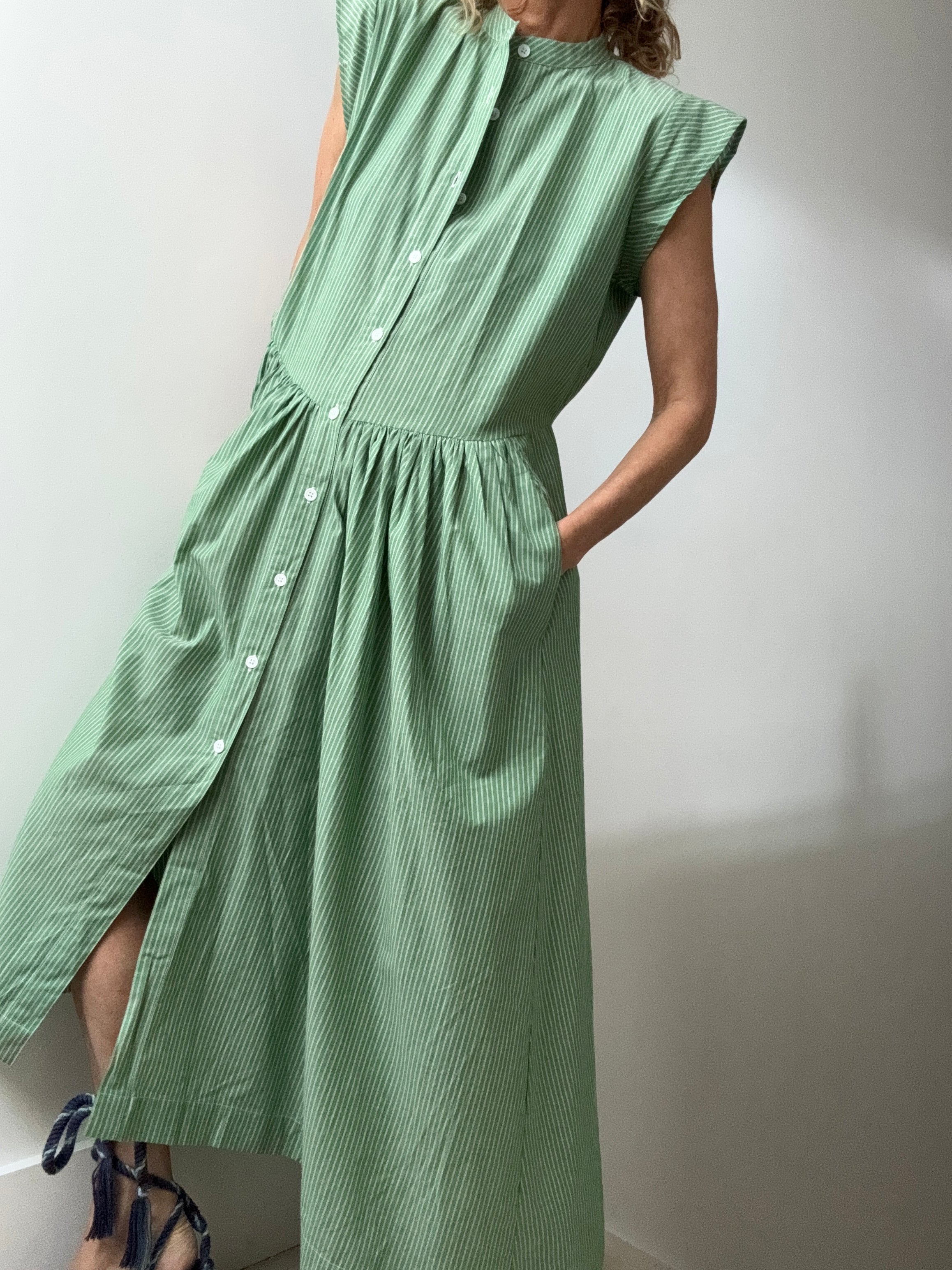 Rabens Saloner Dresses Green Striped Backless Maxi Dress