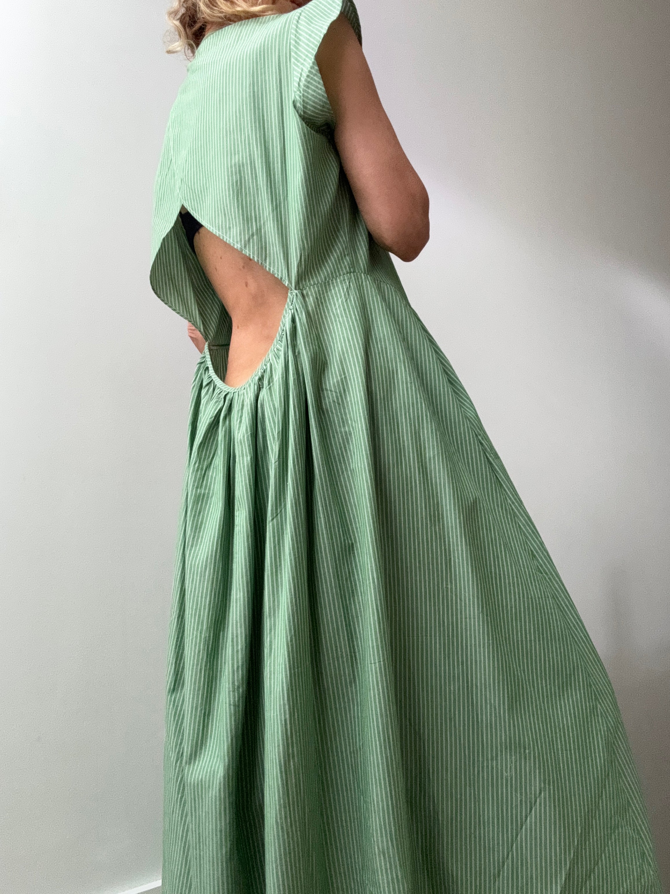 Rabens Saloner Dresses Green Striped Backless Maxi Dress