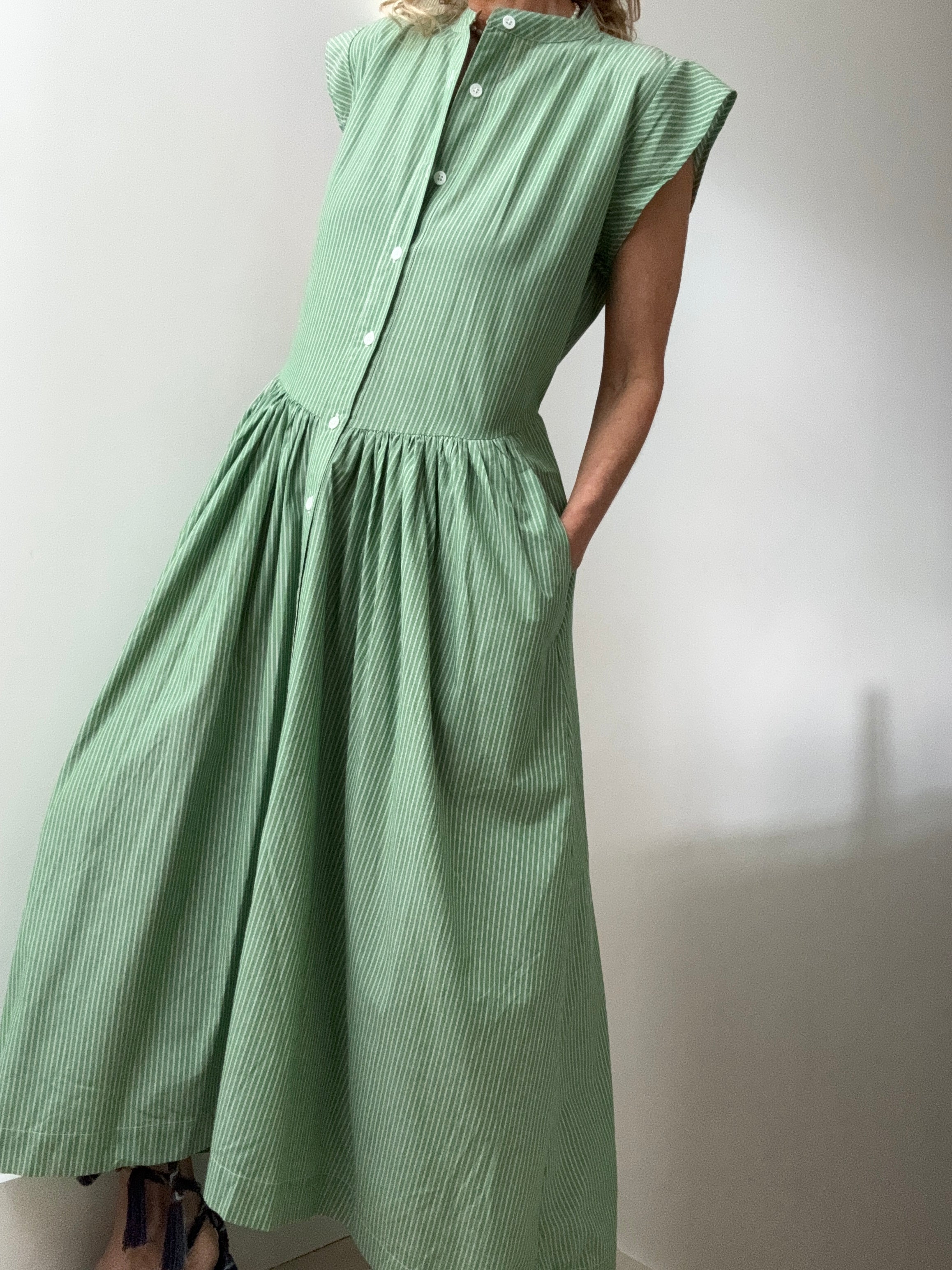 Rabens Saloner Dresses Green Striped Backless Maxi Dress