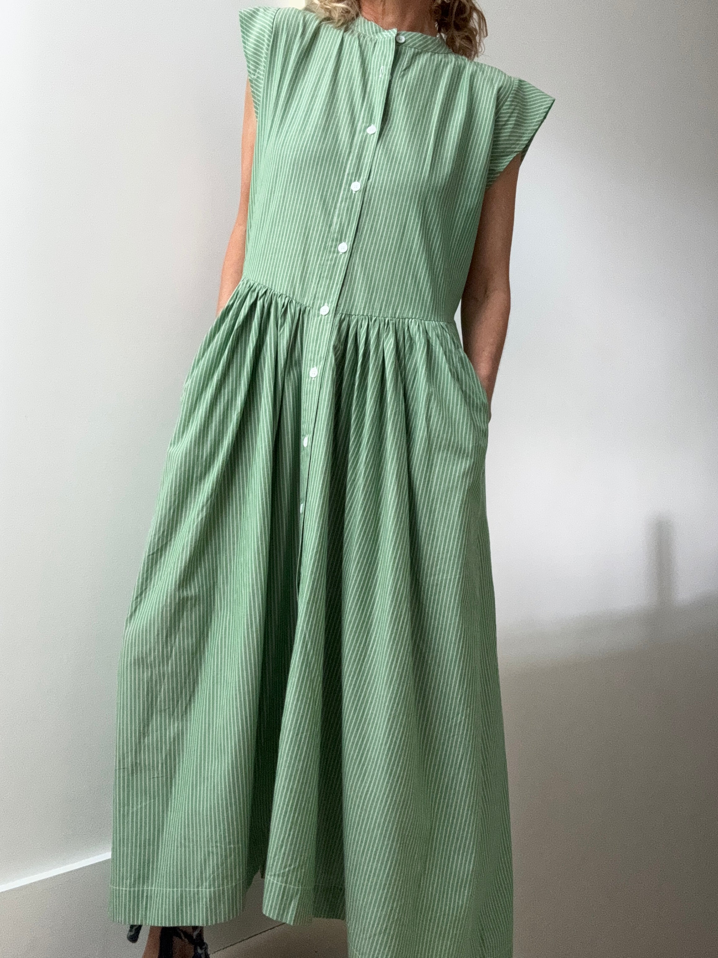 Rabens Saloner Dresses Green Striped Backless Maxi Dress