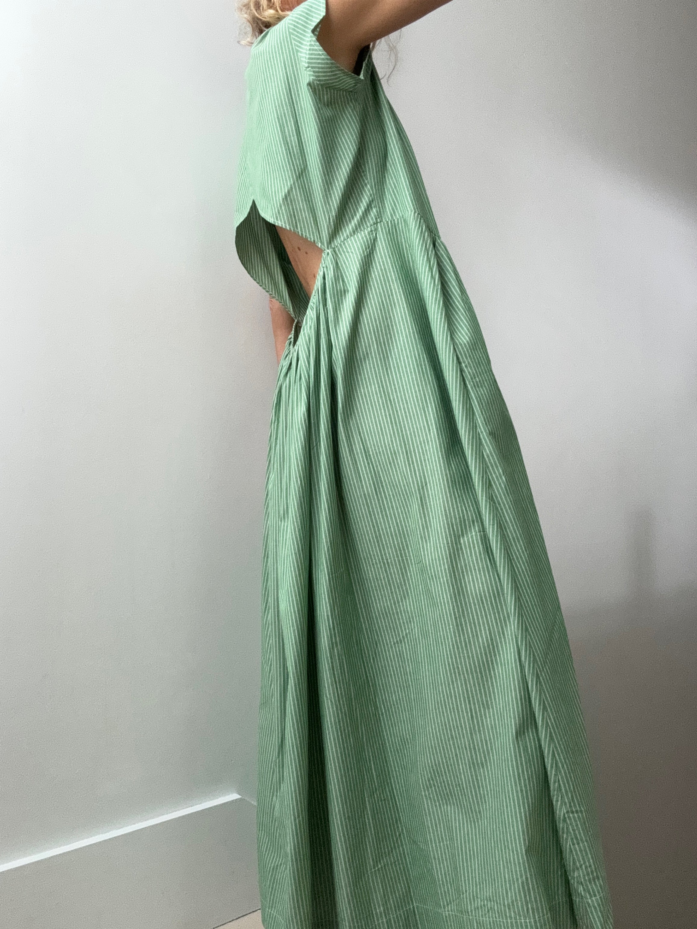 Rabens Saloner Dresses Green Striped Backless Maxi Dress