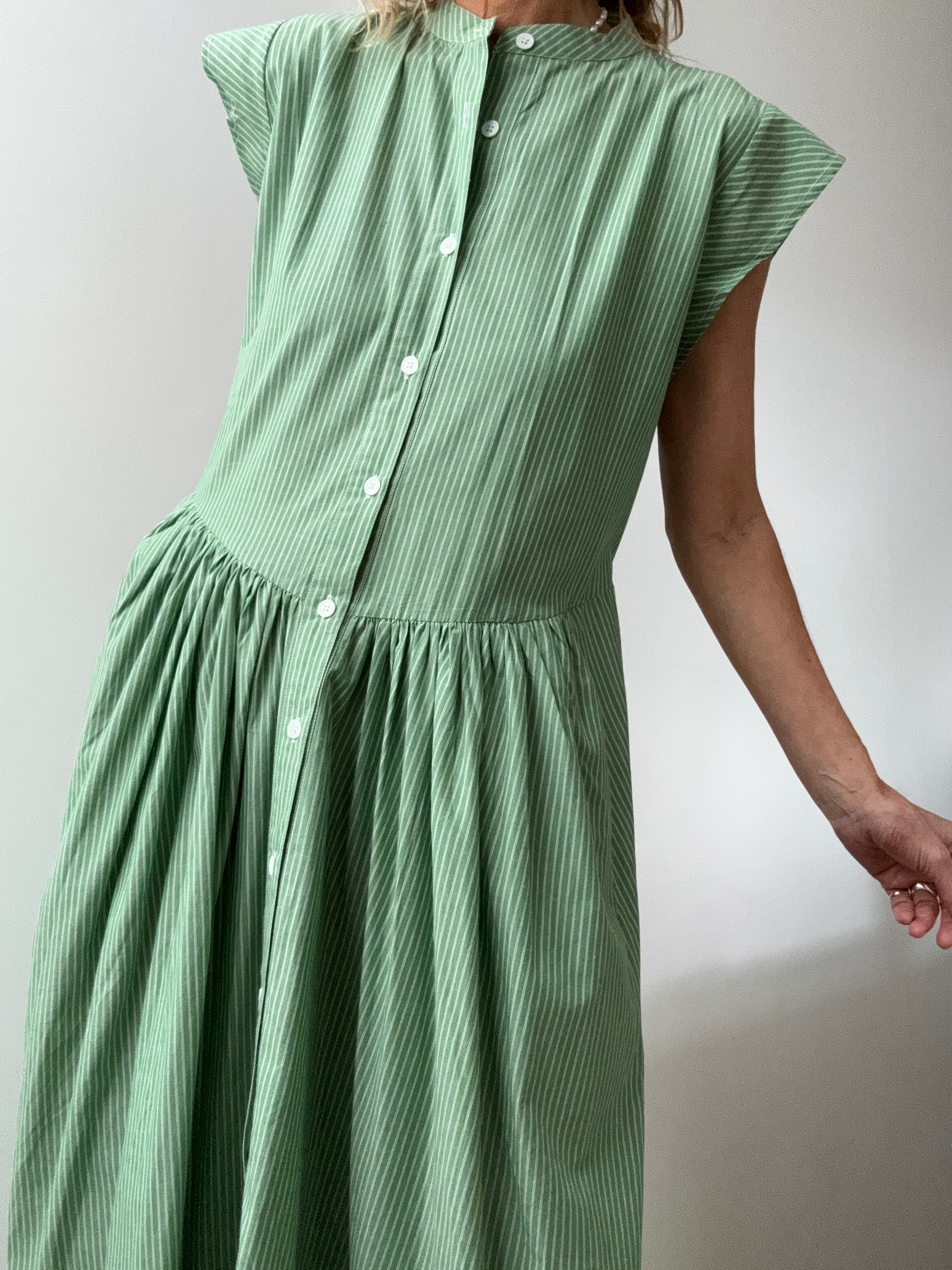 Rabens Saloner Dresses Green Striped Backless Maxi Dress