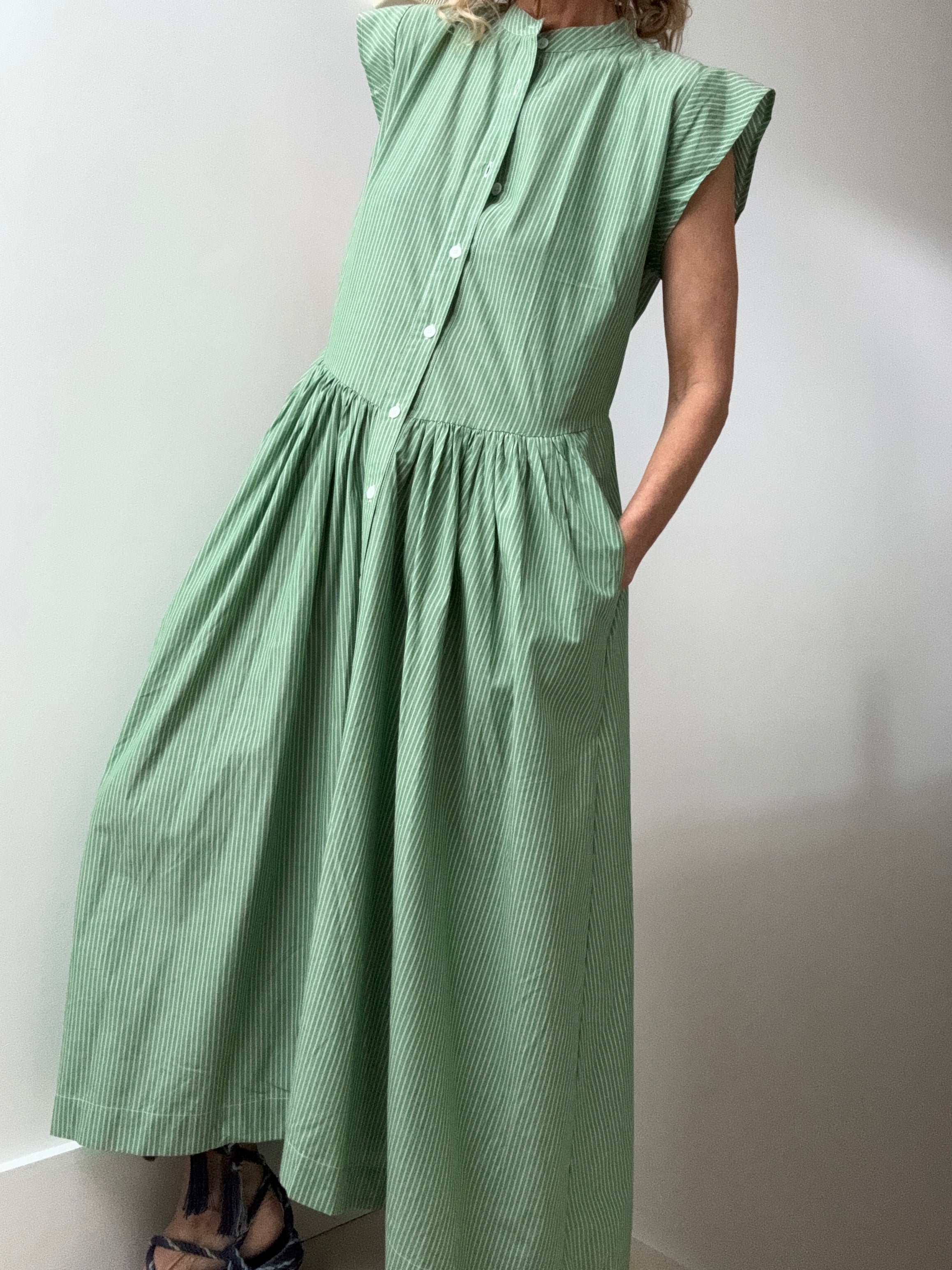 Rabens Saloner Dresses Green Striped Backless Maxi Dress