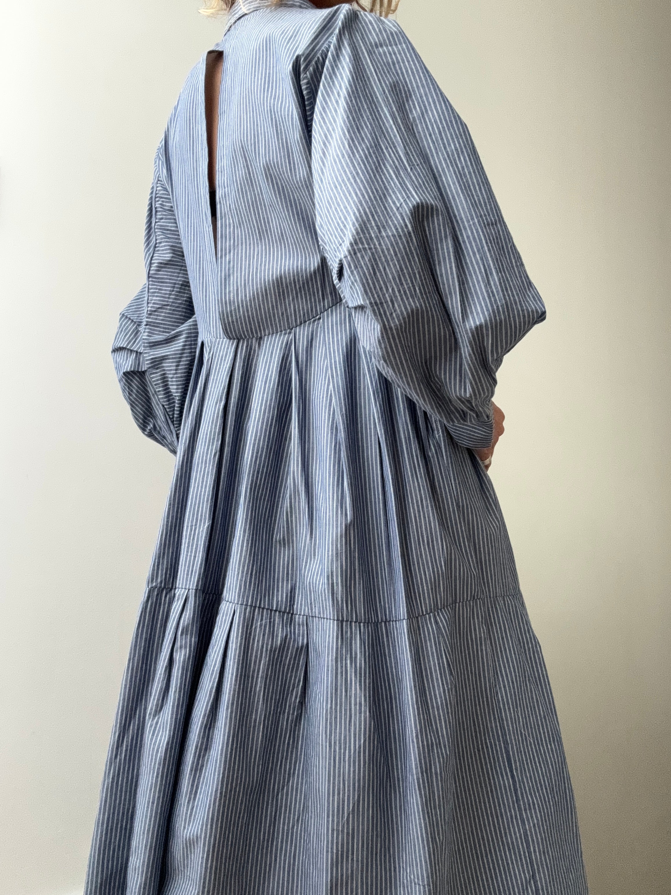 Rabens Saloner Dresses Navy Stripe Backless ShirtDress