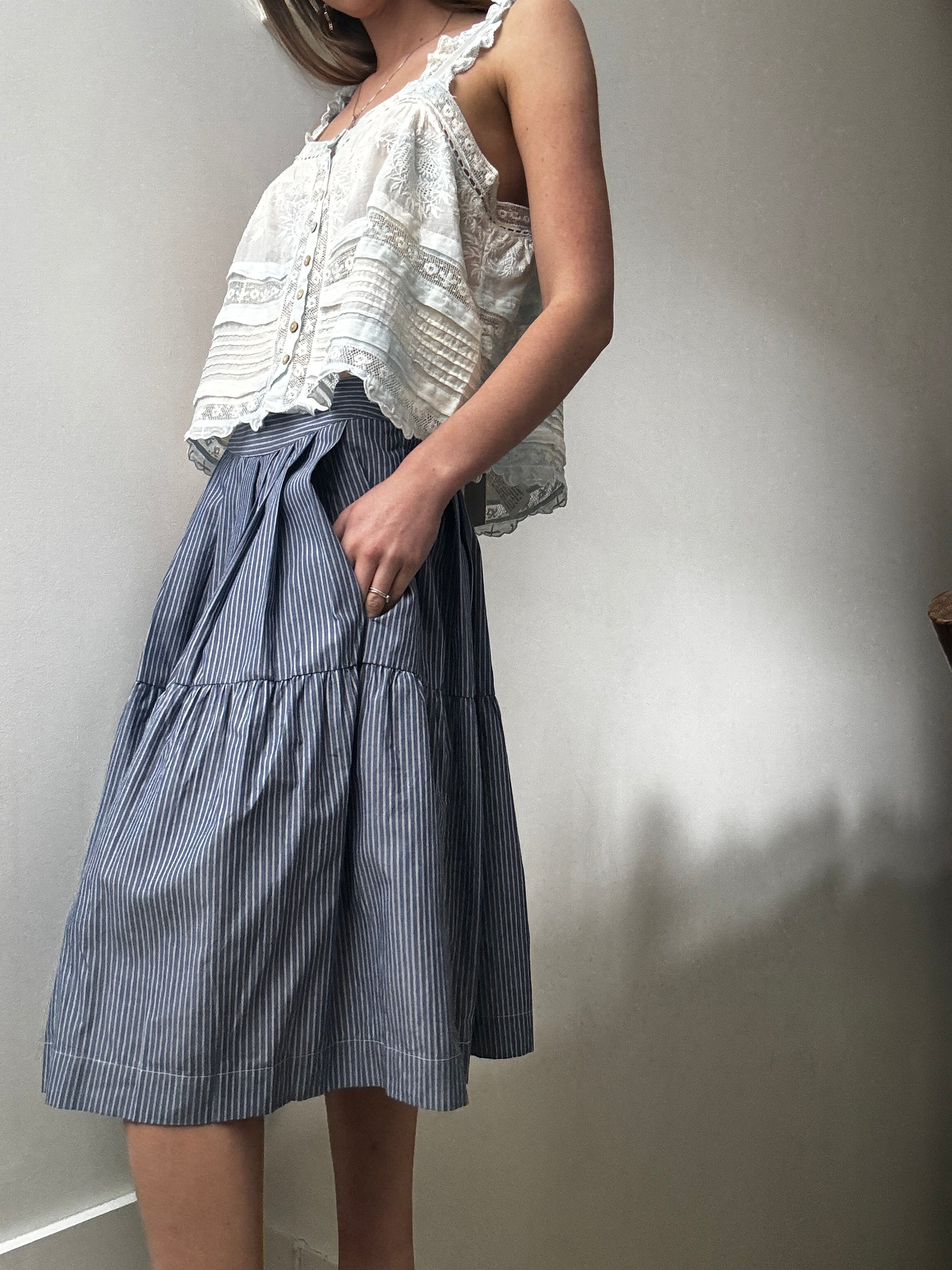 Rabens Saloner Skirts Small Stripe Shirt Summer Skirt Blue and White