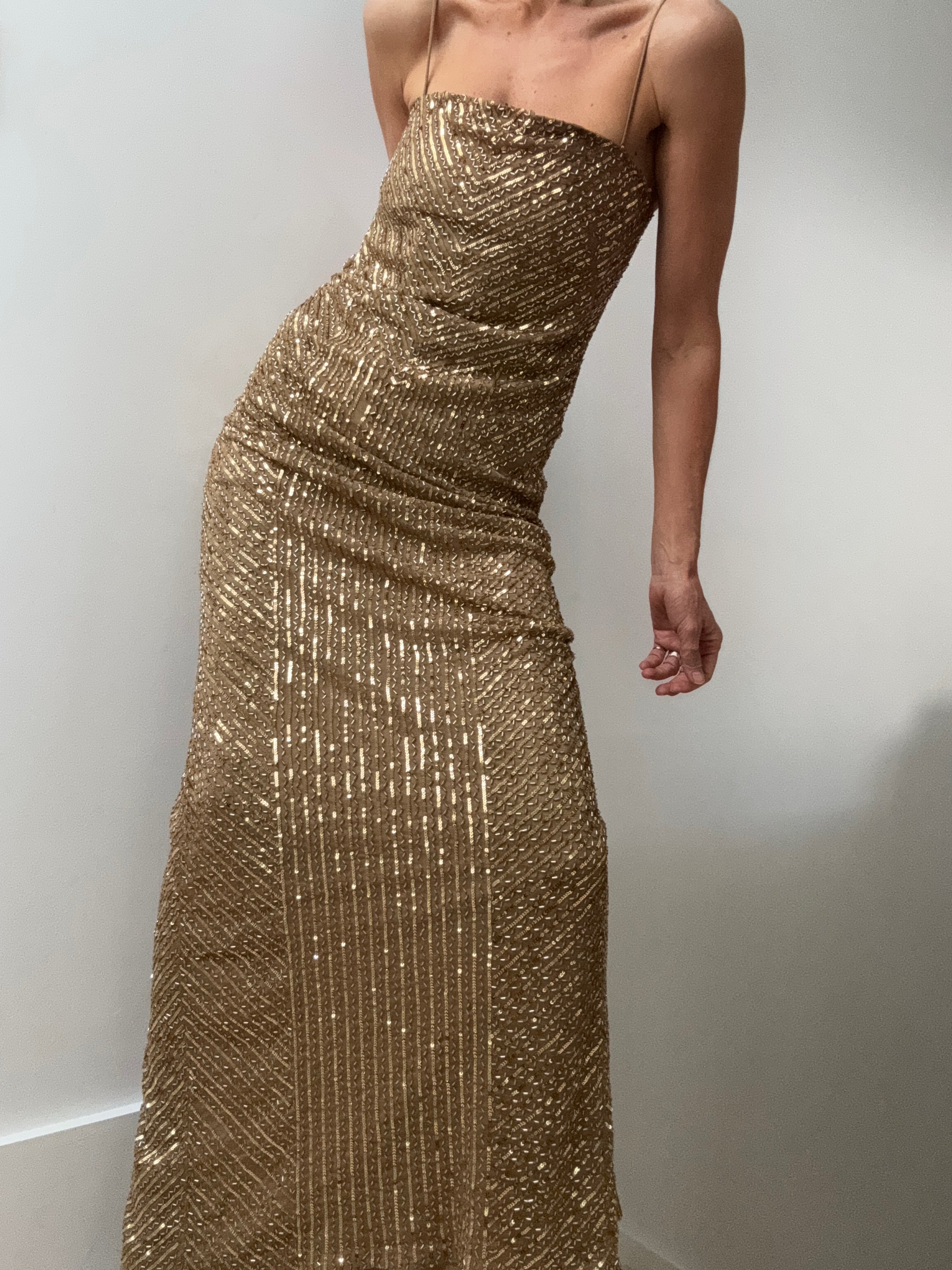 Ralph Lauren Dresses Geo-Motif Sequined Gown Burnished Tan/Gold