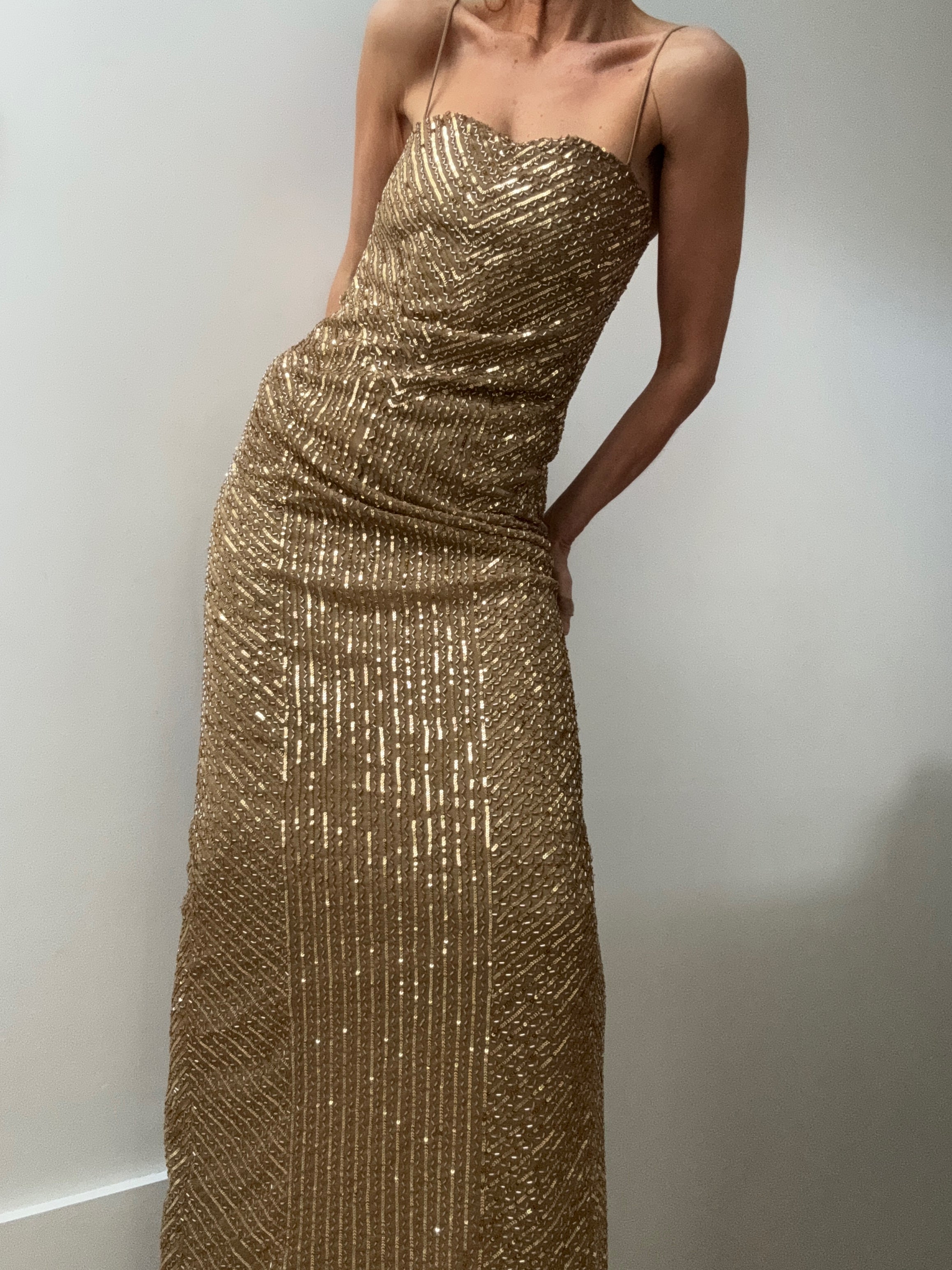 Geo-Motif Sequined Gown Burnished Tan/Gold | Dresses