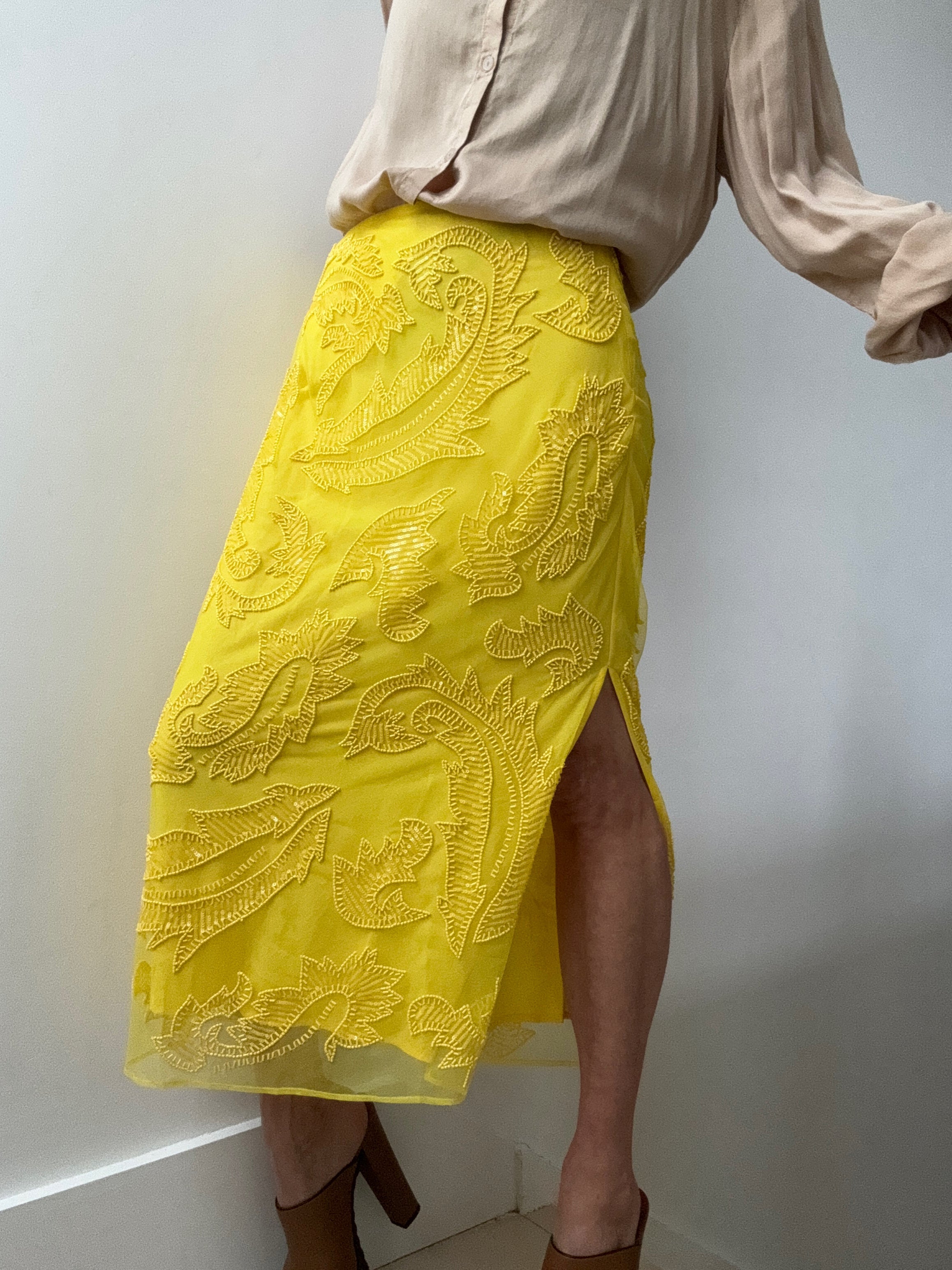 Ralph Lauren Skirts Beaded Mesh Midi Skirt Lemon Daffodil