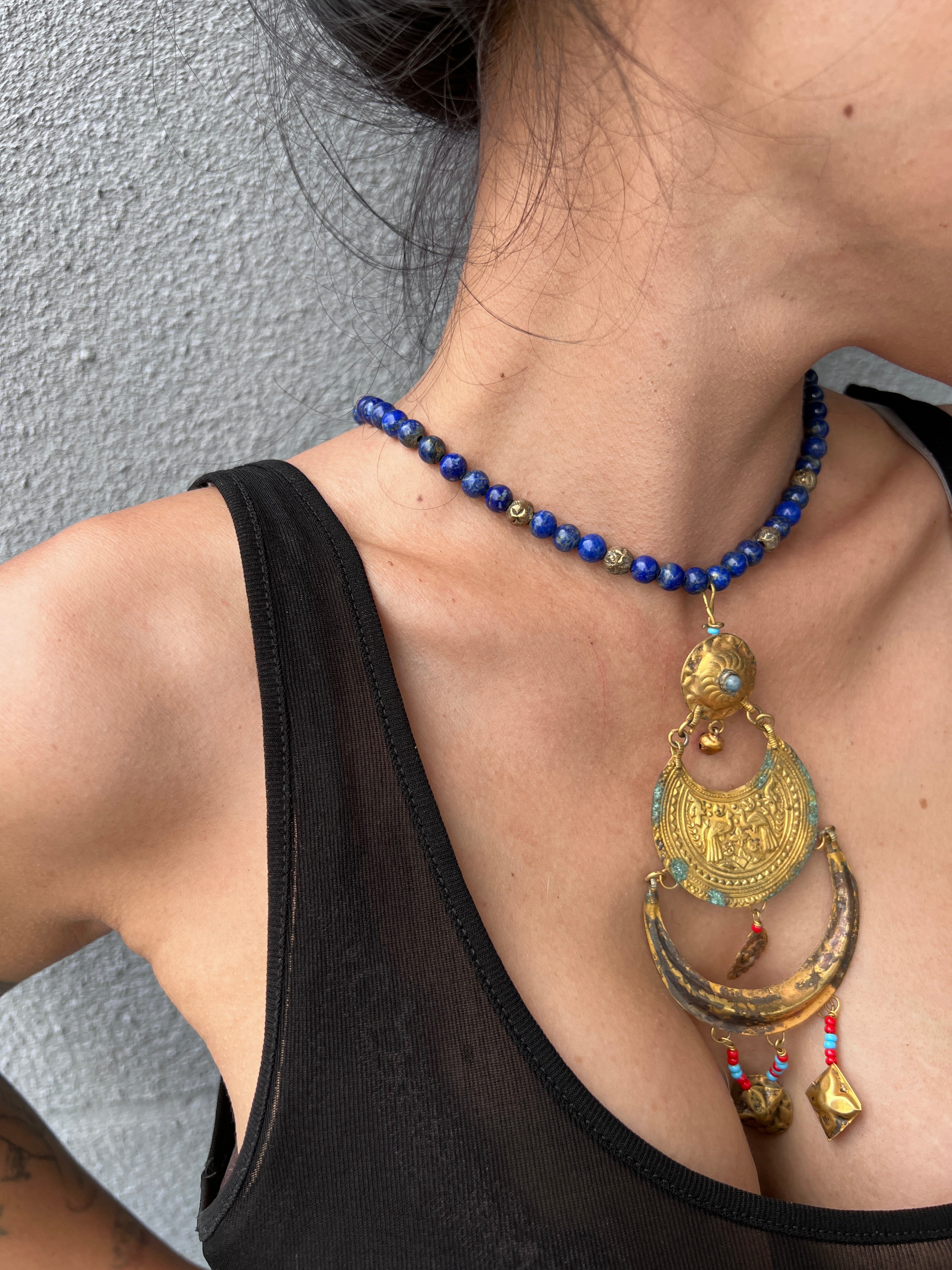 Afghanistan Vintage Lapis Gold Plate Necklace Jetsetbohemian