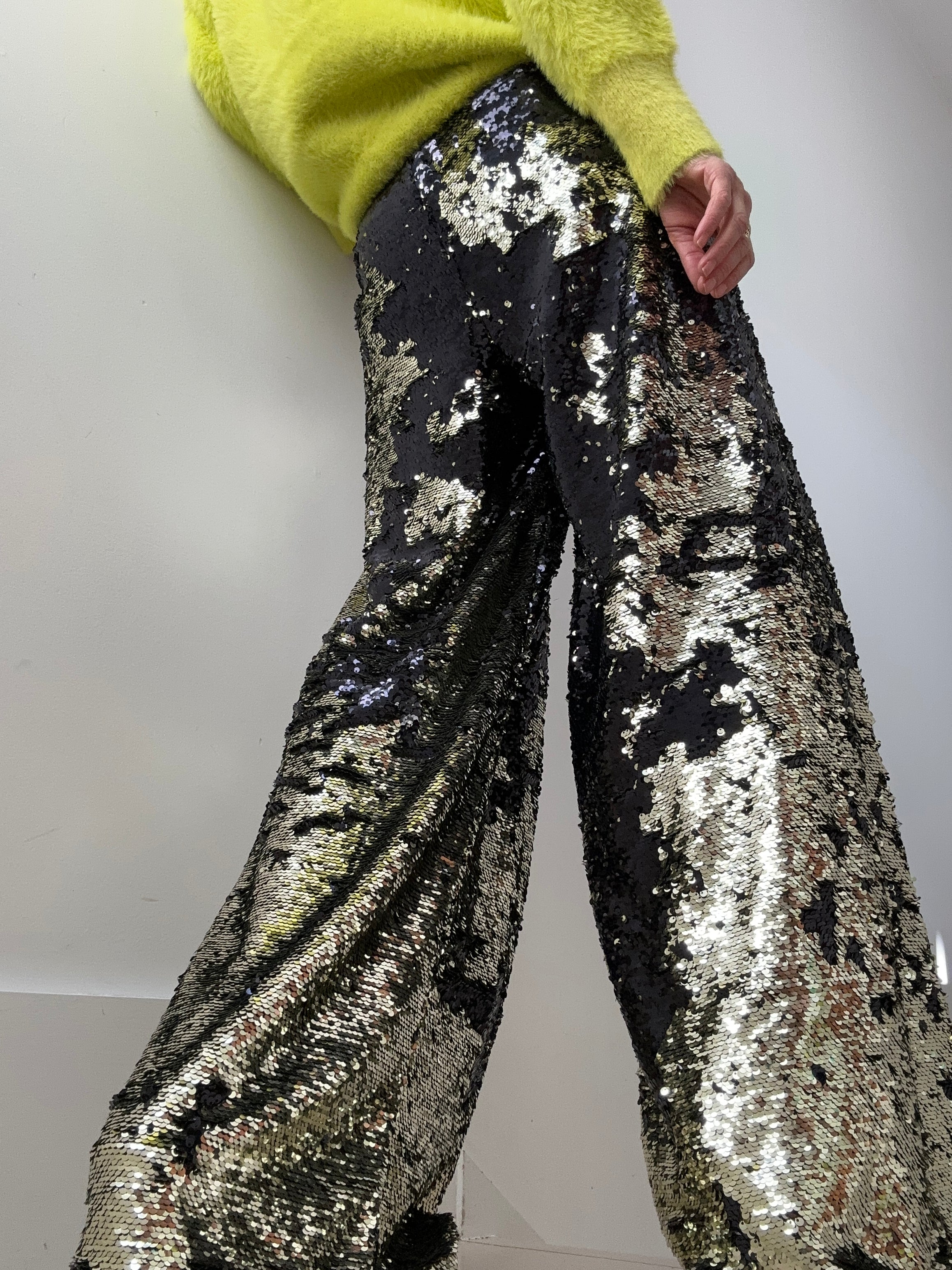 Fashionable Golden Sequin High Waist Long Pants  Stylesplash