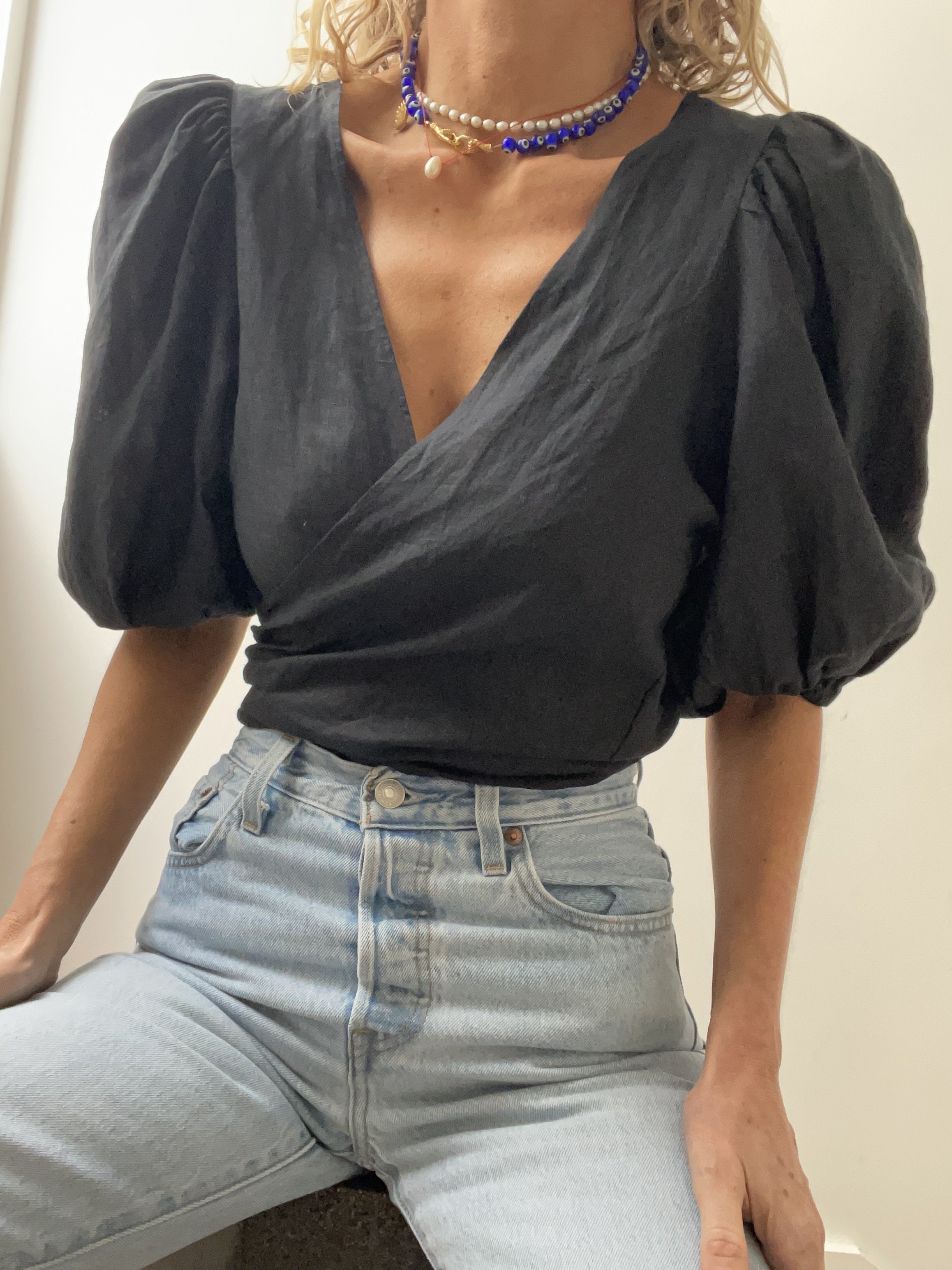 Not specified Blouses Linen Tie Front Blouse in Black