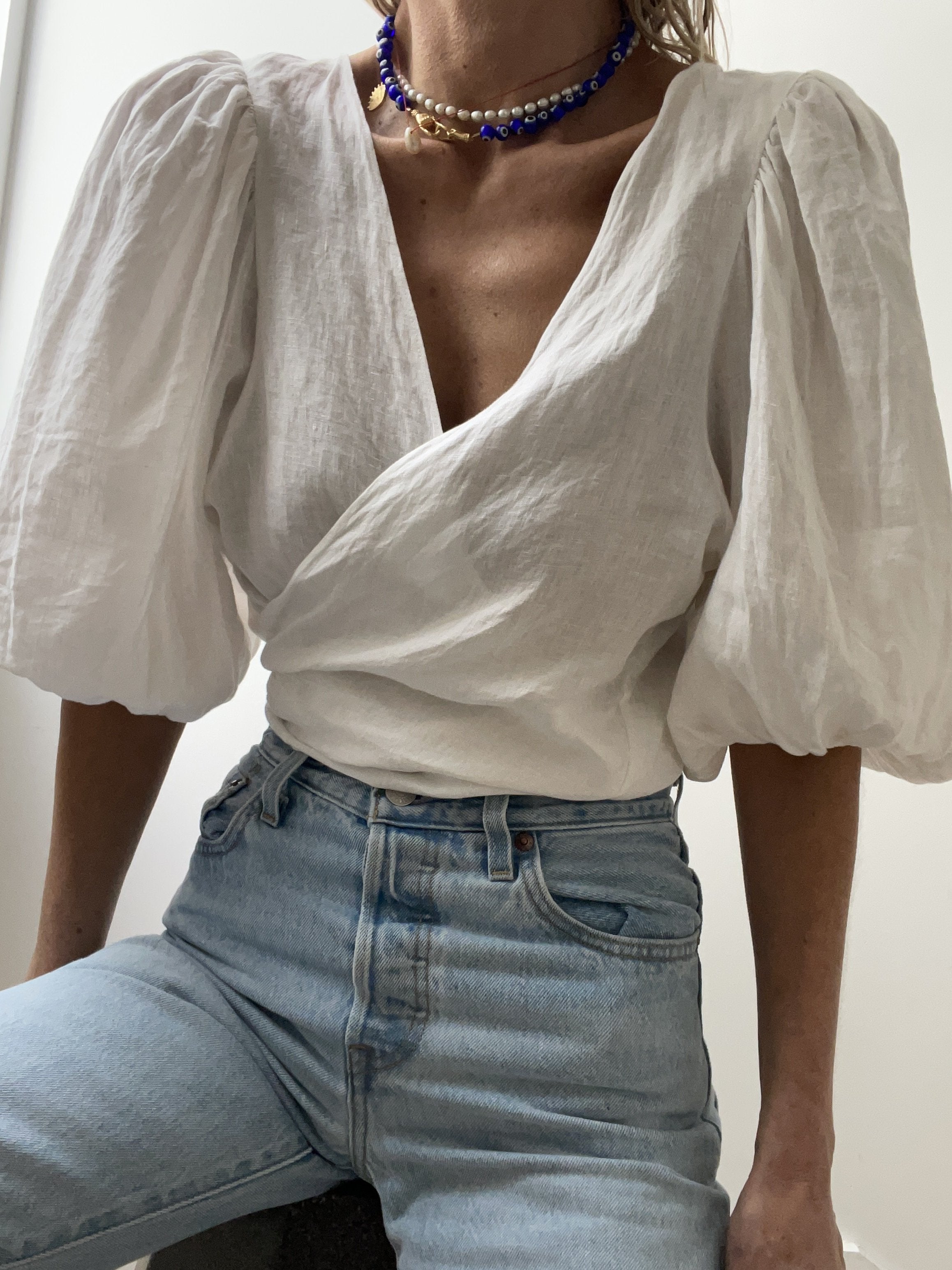 Not specified Blouses Linen Tie Front Blouse in Cream