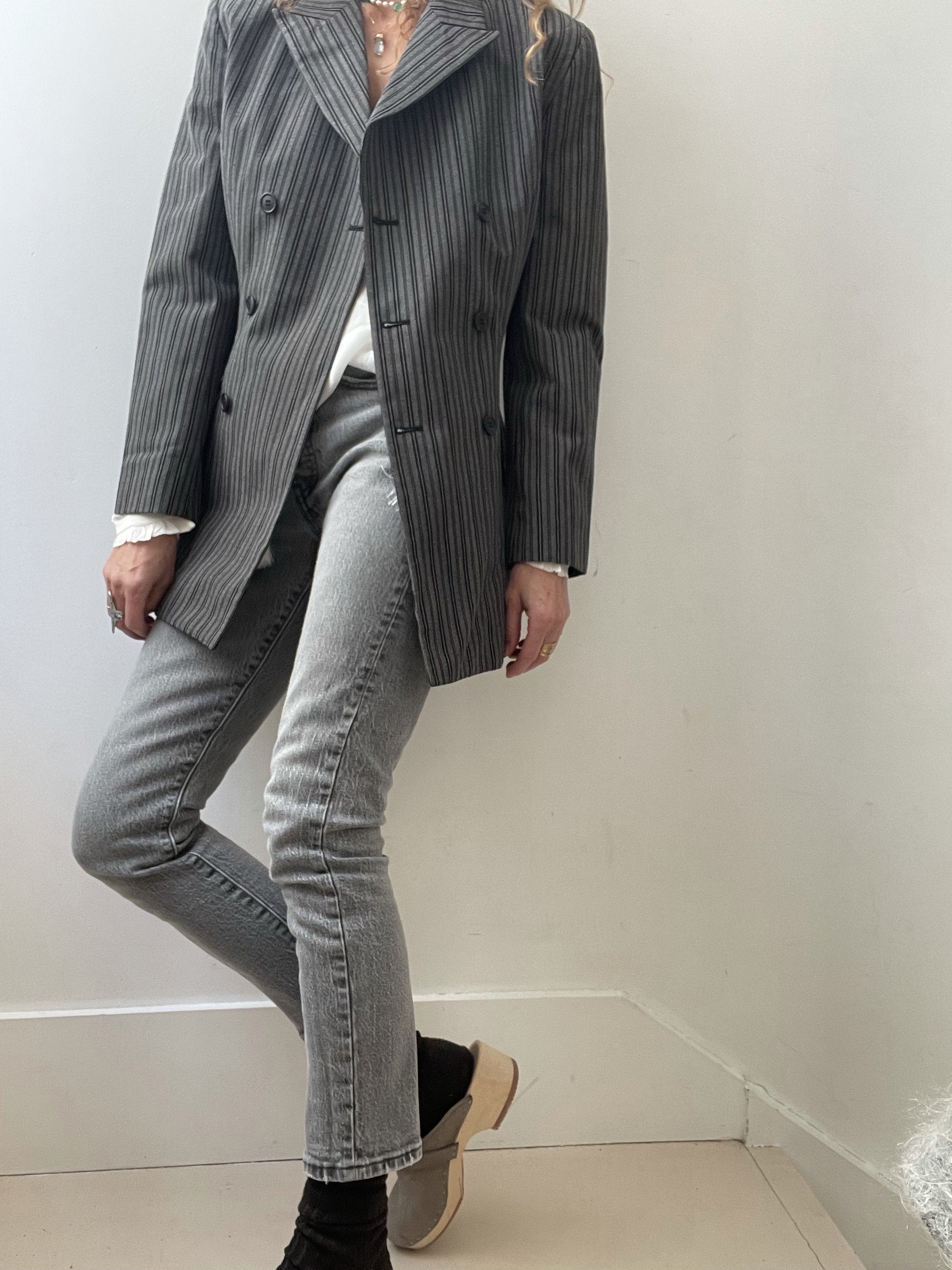 Not specified Jackets Small/Medium Vintage Grey and Black Pinstriped Blazer