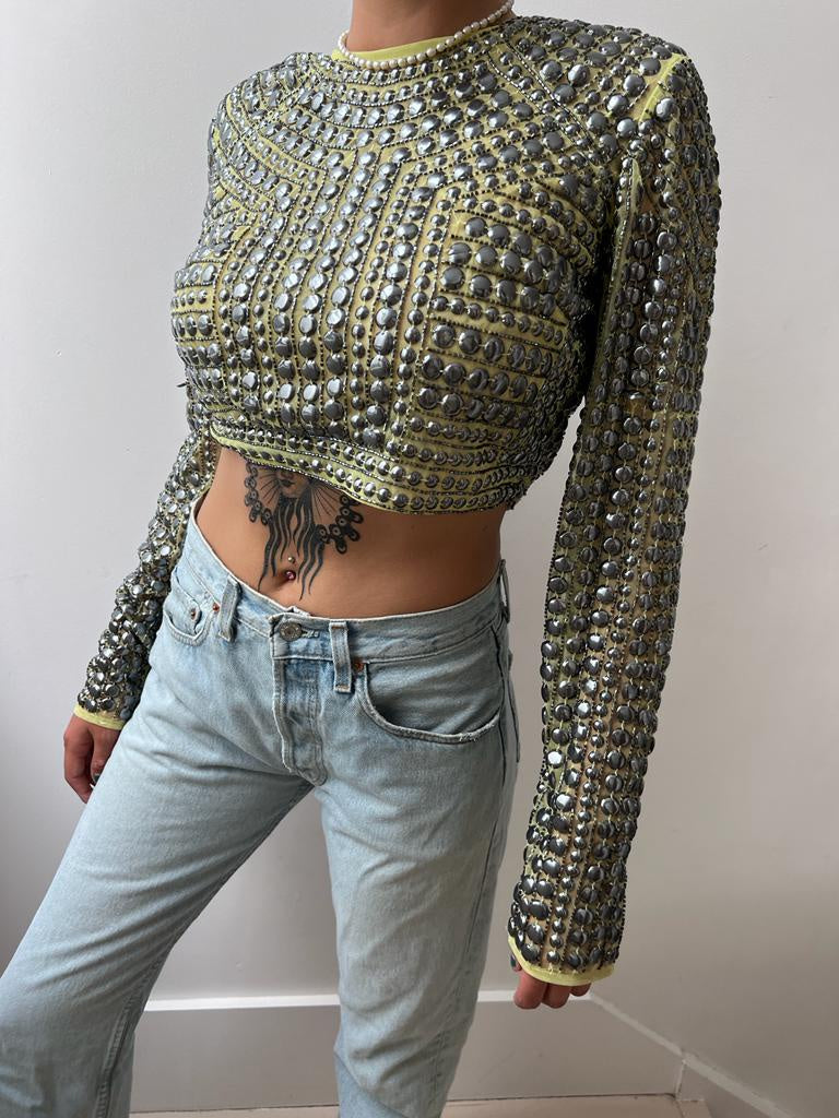 Not specified Tops Medium Peace and Love Green Studded Crop Top
